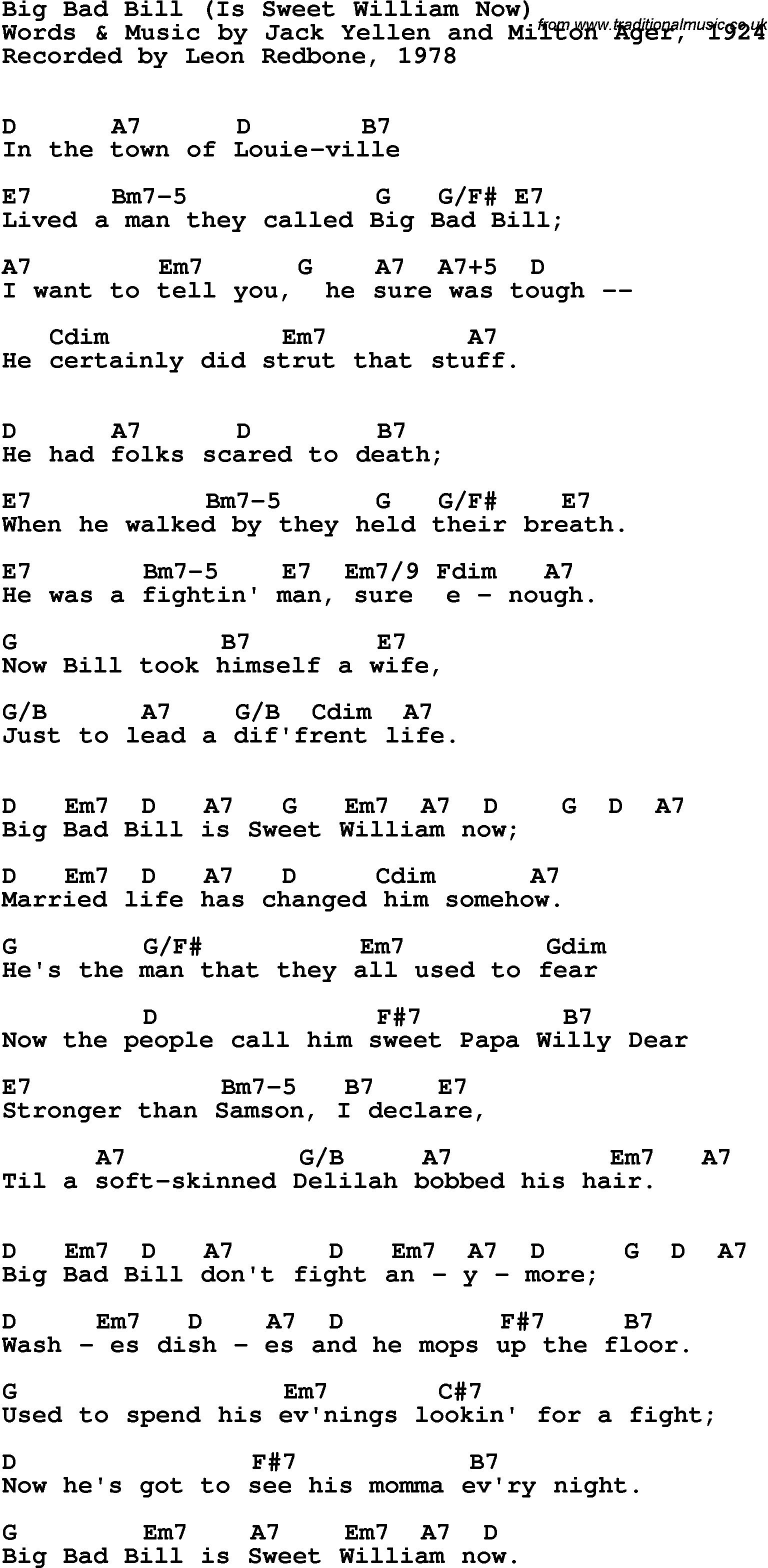 Song Lyrics with guitar chords for Big Bad Bill (Is Sweet William Now) - Leon Redbone, 1978
