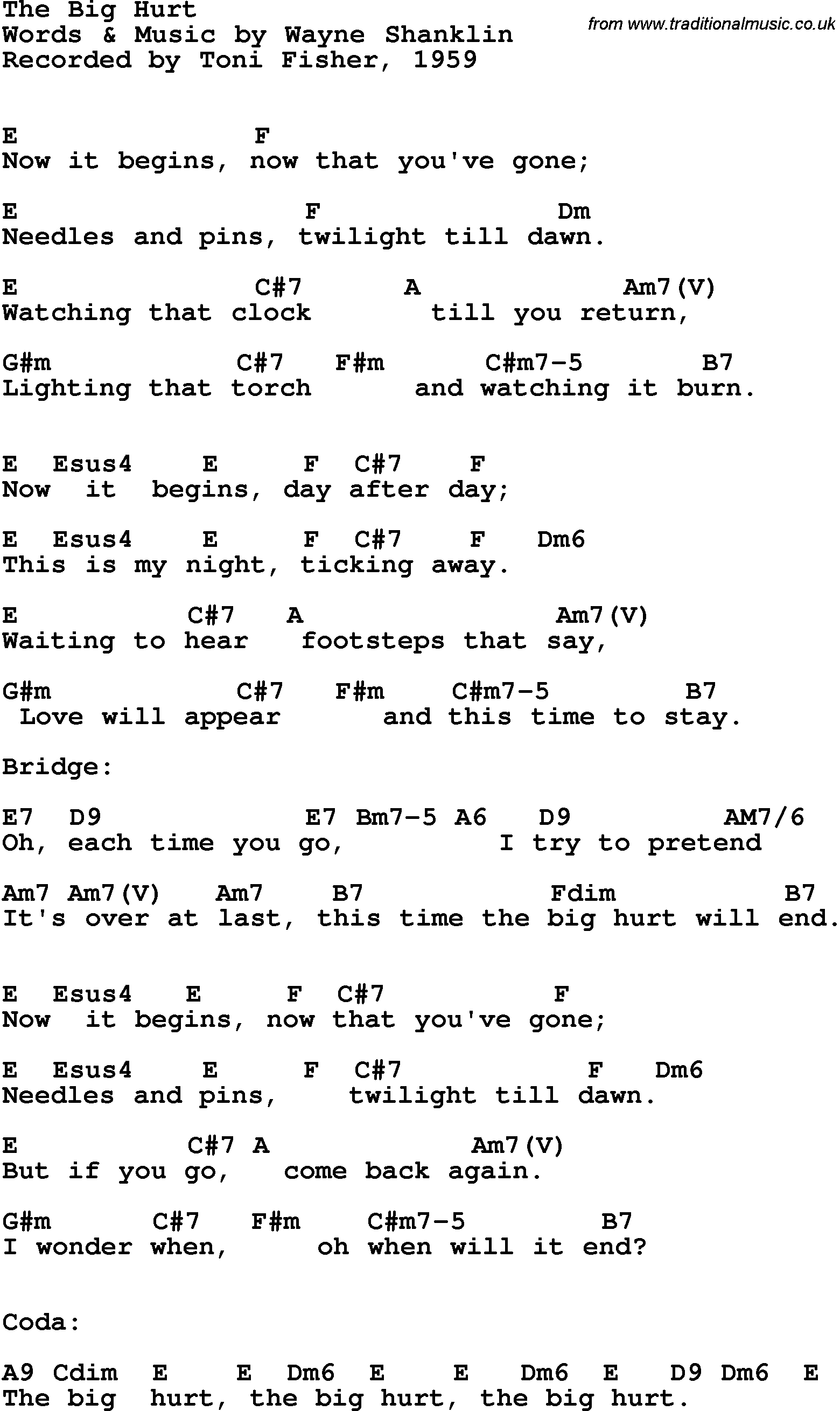 Song Lyrics with guitar chords for Big Hurt, The - Toni Fisher, 1959