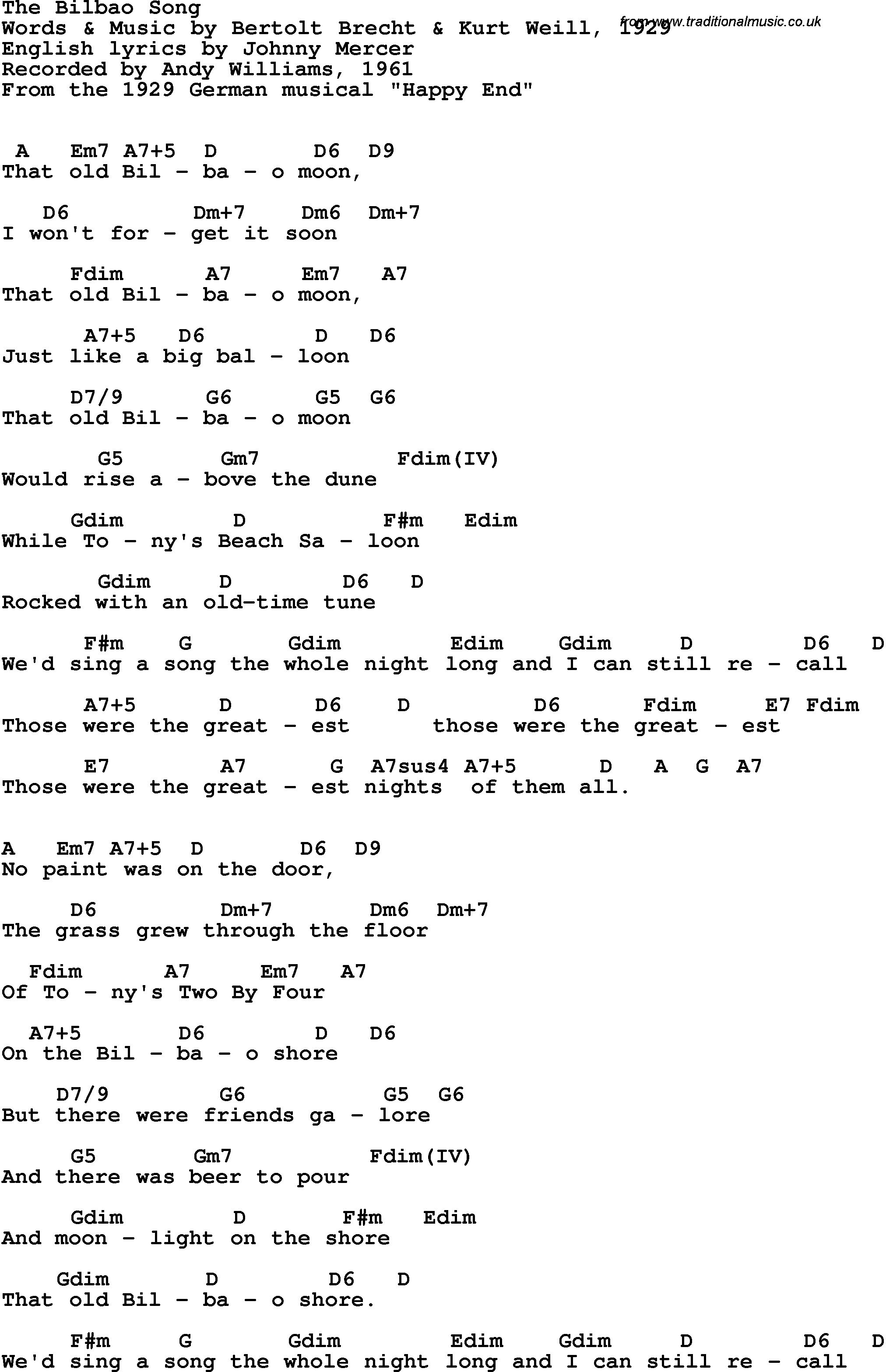 Song Lyrics with guitar chords for Bilbao Song, The - Andy Williams, 1961