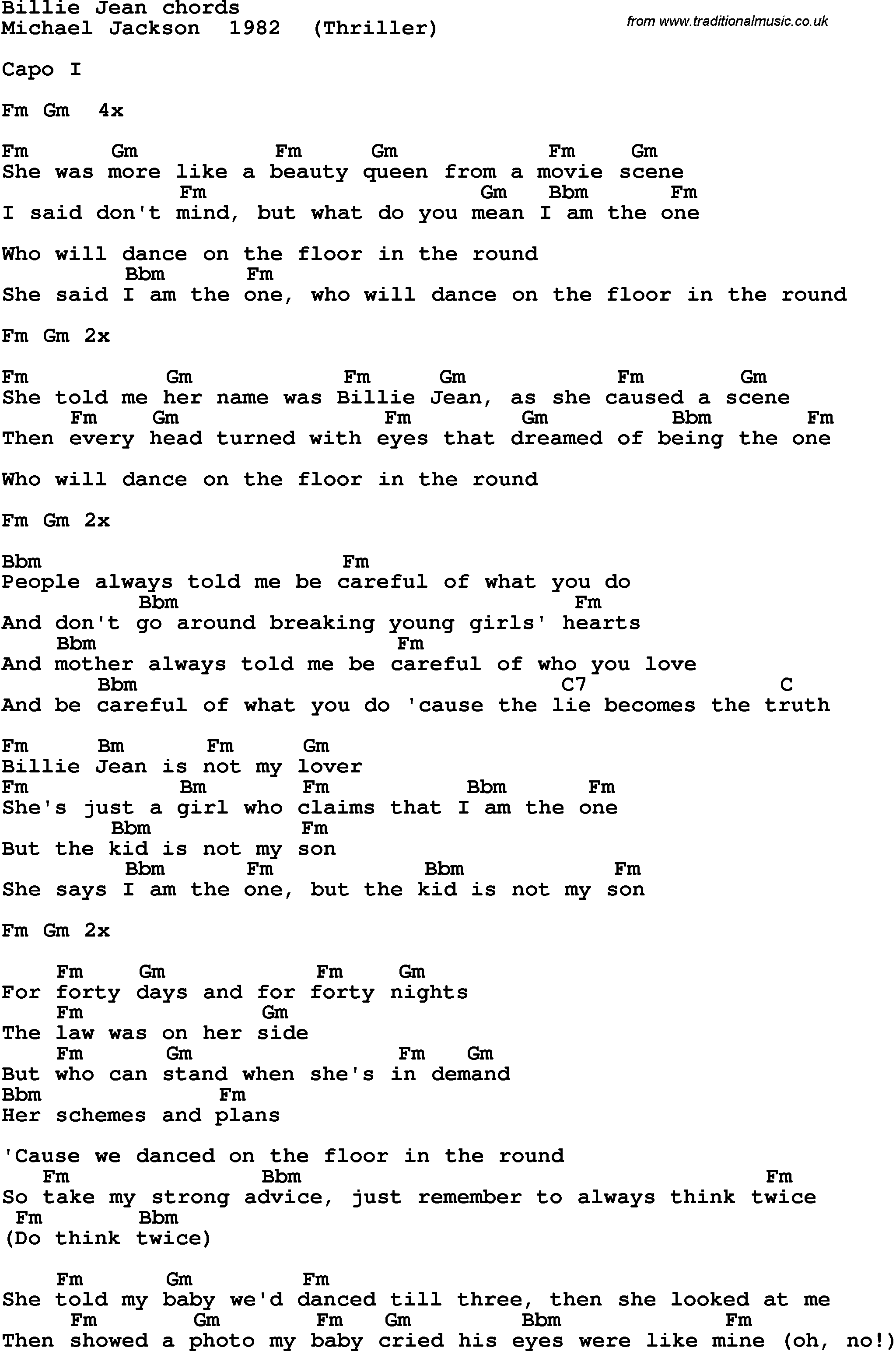 Song Lyrics with guitar chords for Billie Jeana