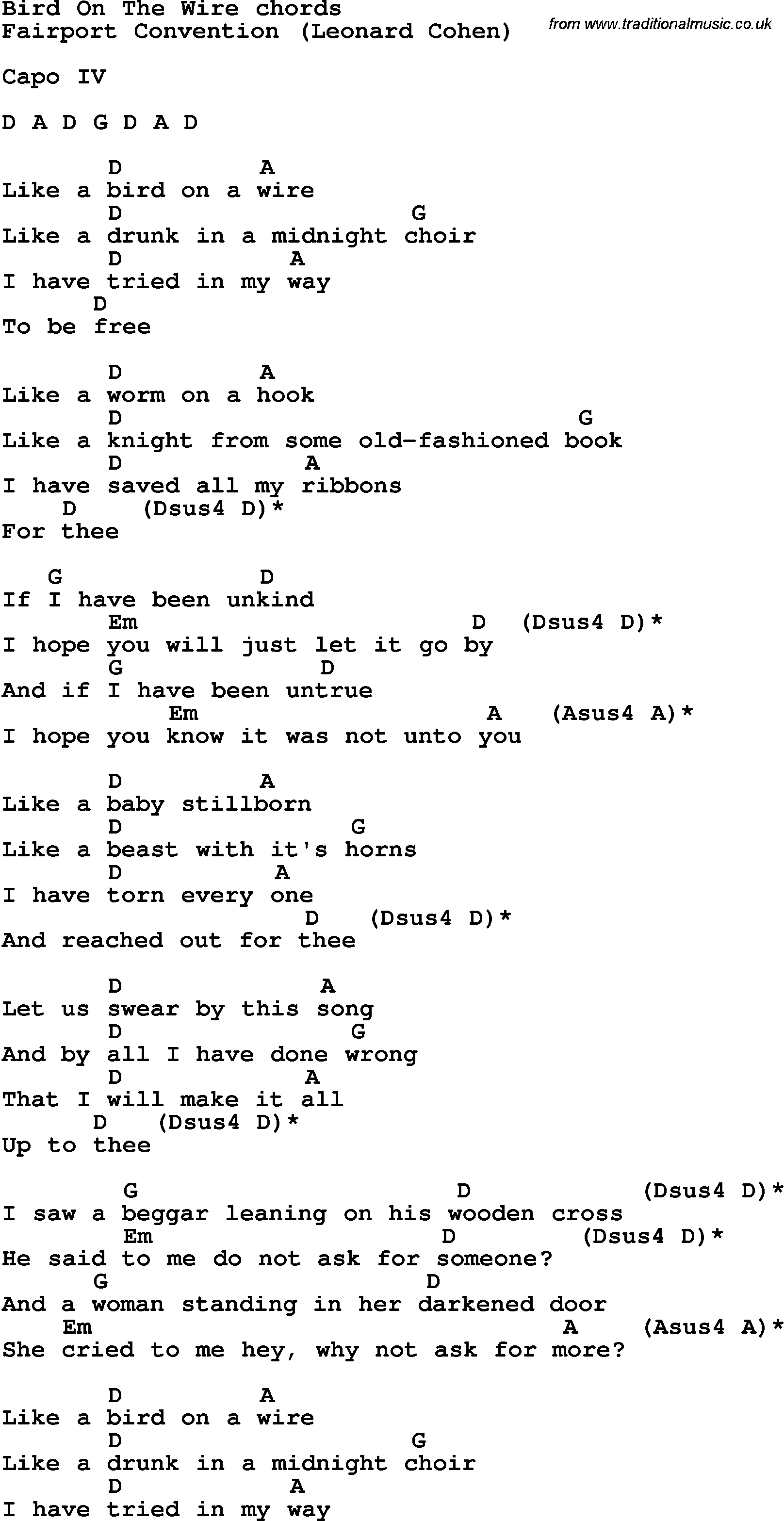 Song Lyrics with guitar chords for Bird On The Wire