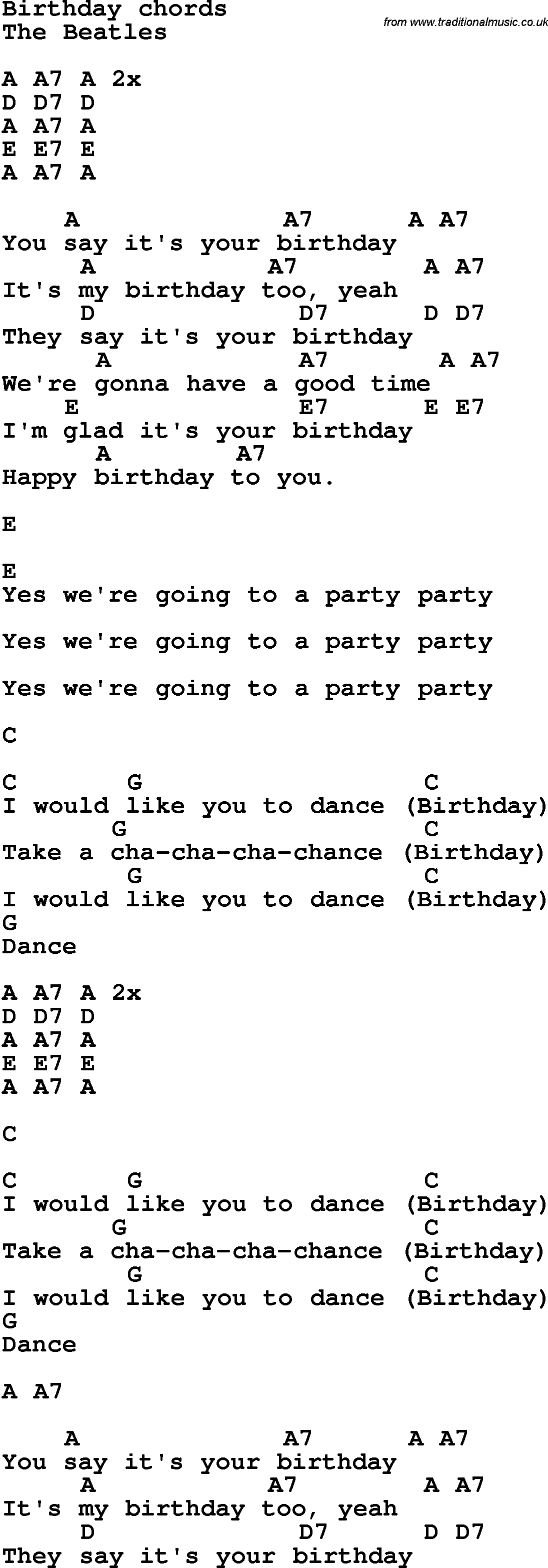 Song Lyrics with guitar chords for Birthday - The Beatles