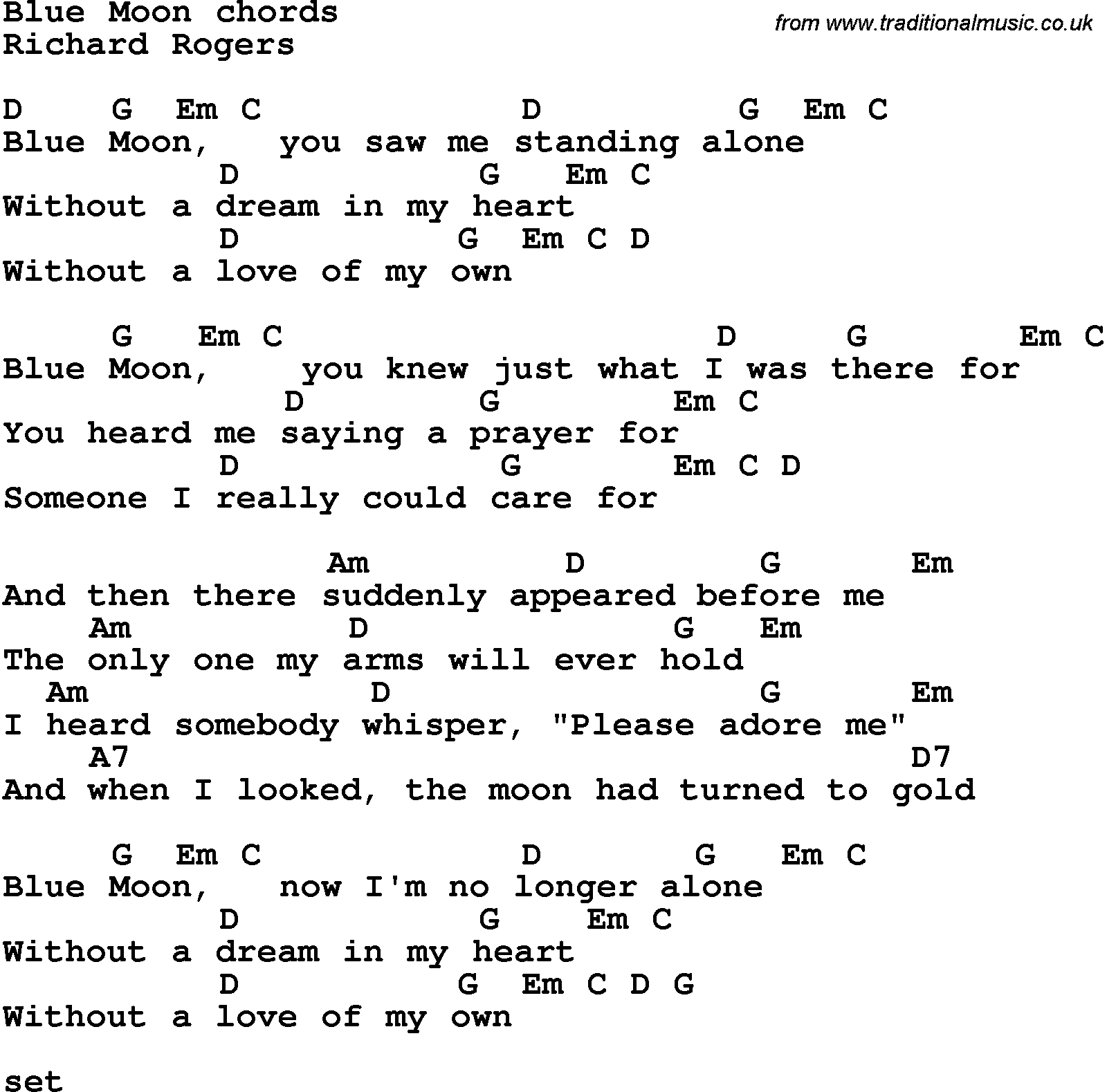 Song Lyrics with guitar chords for Blue Moon - Richard Rogers