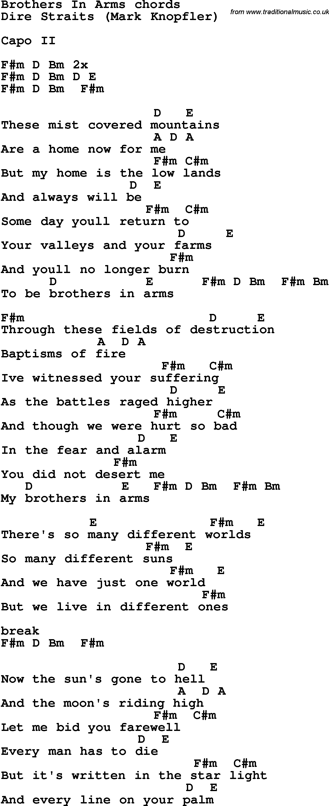 Song Lyrics with guitar chords for Brothers In Arms