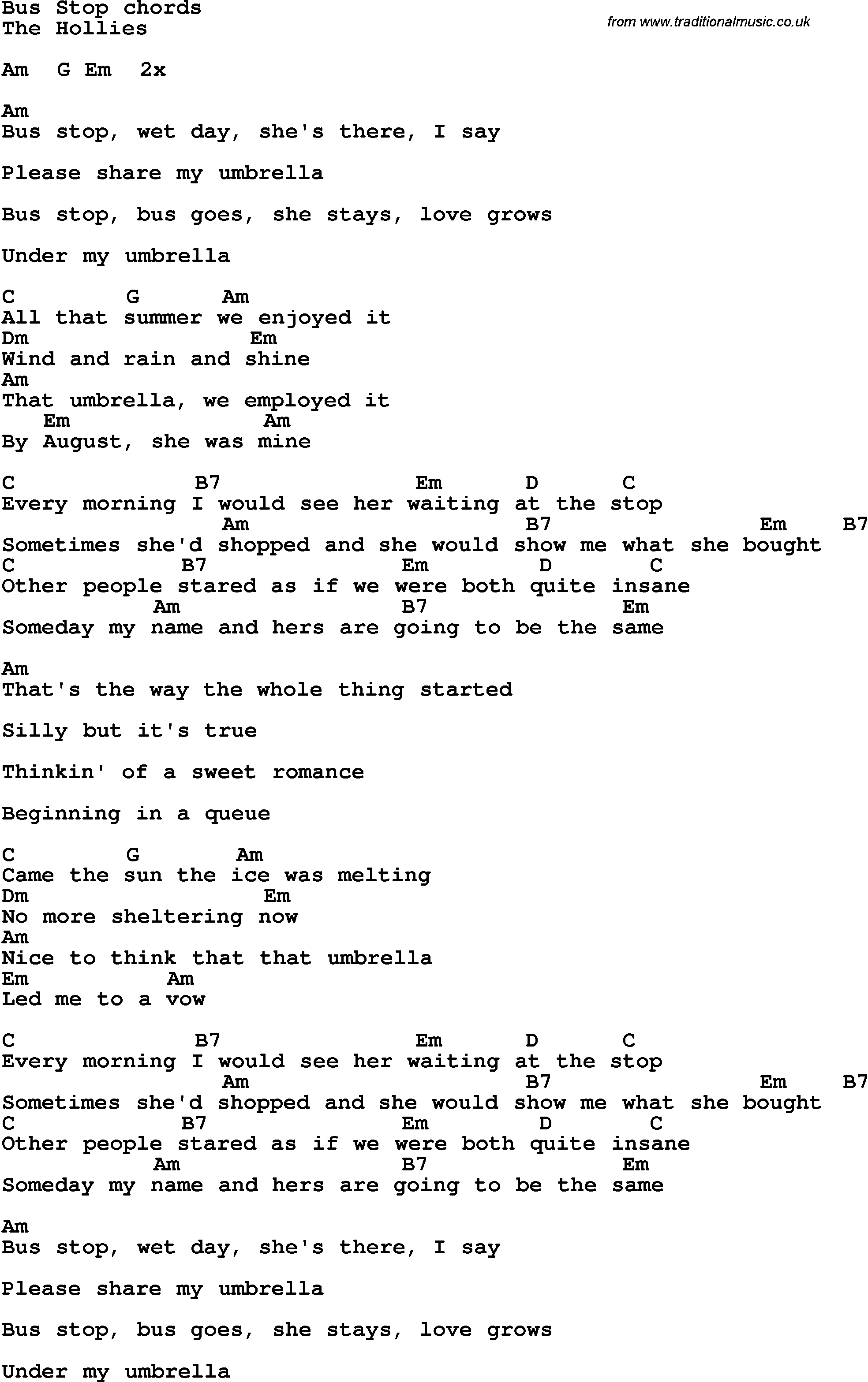 Song Lyrics with guitar chords for Bus Stop