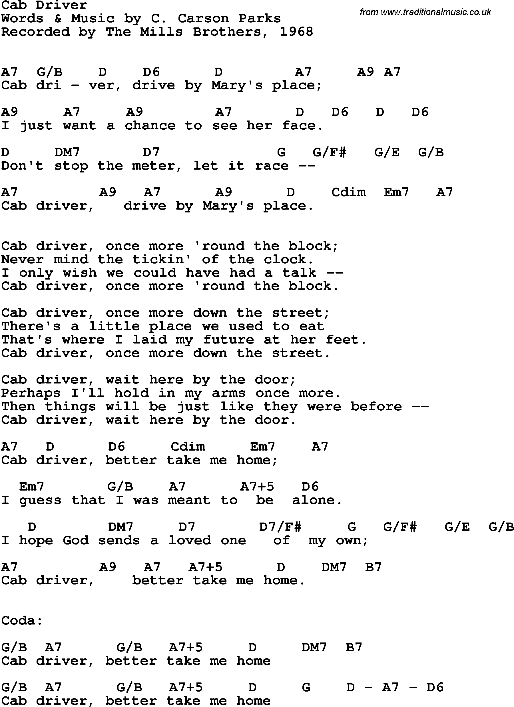 Song Lyrics with guitar chords for Cab Driver - The Mills Brothers, 1968