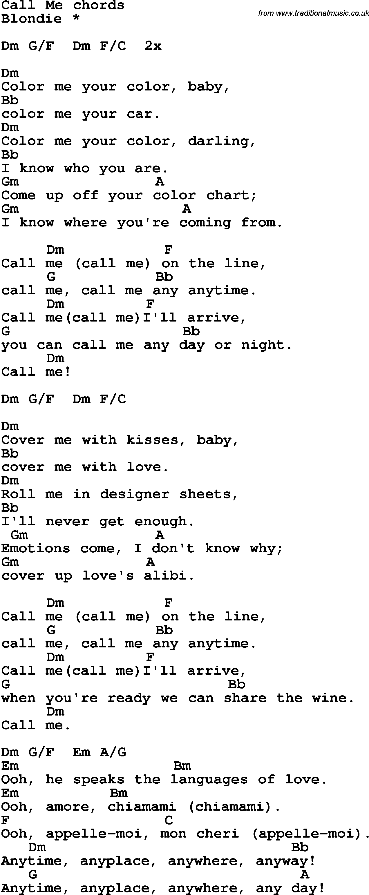 Song Lyrics with guitar chords for Call Me