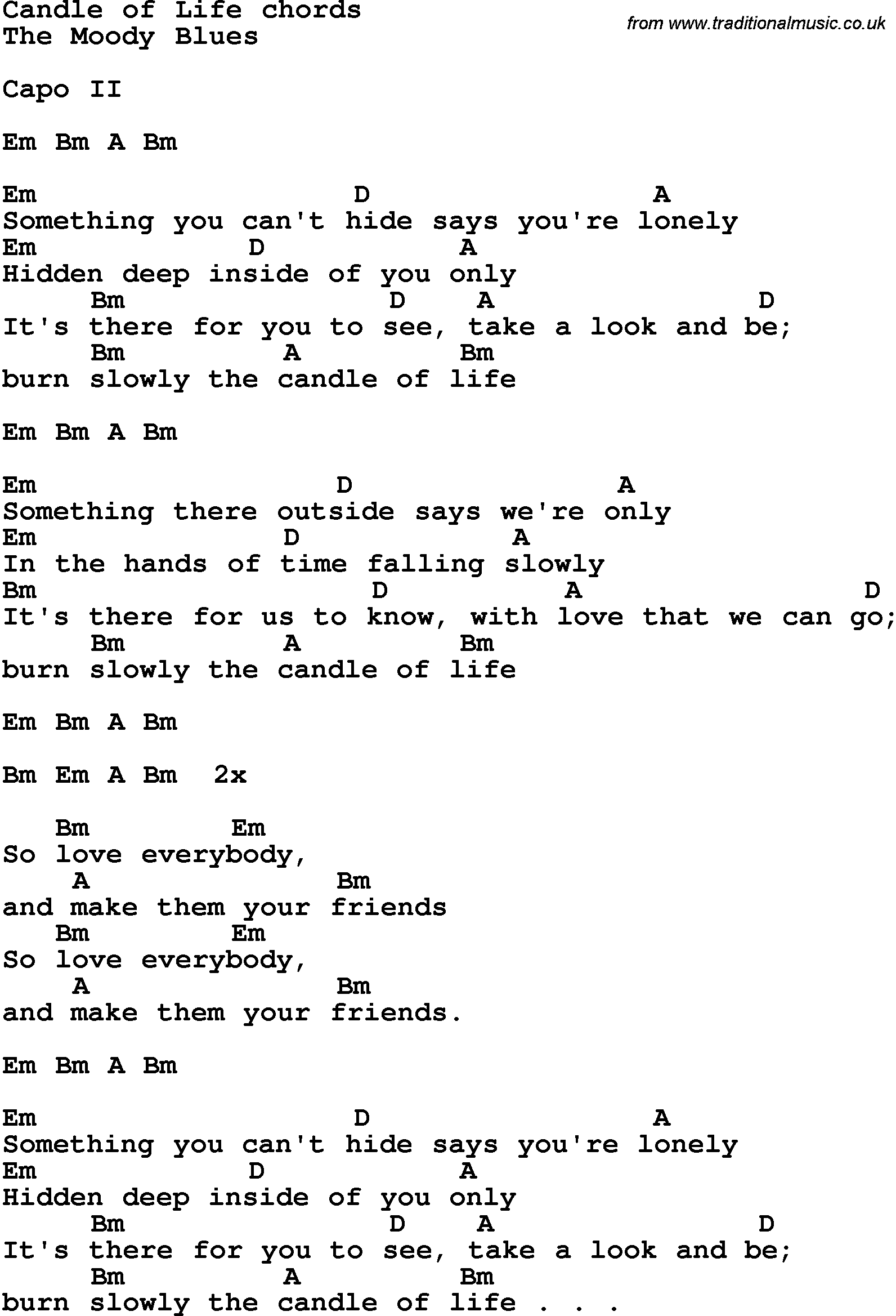 Song Lyrics with guitar chords for Candle Of Life