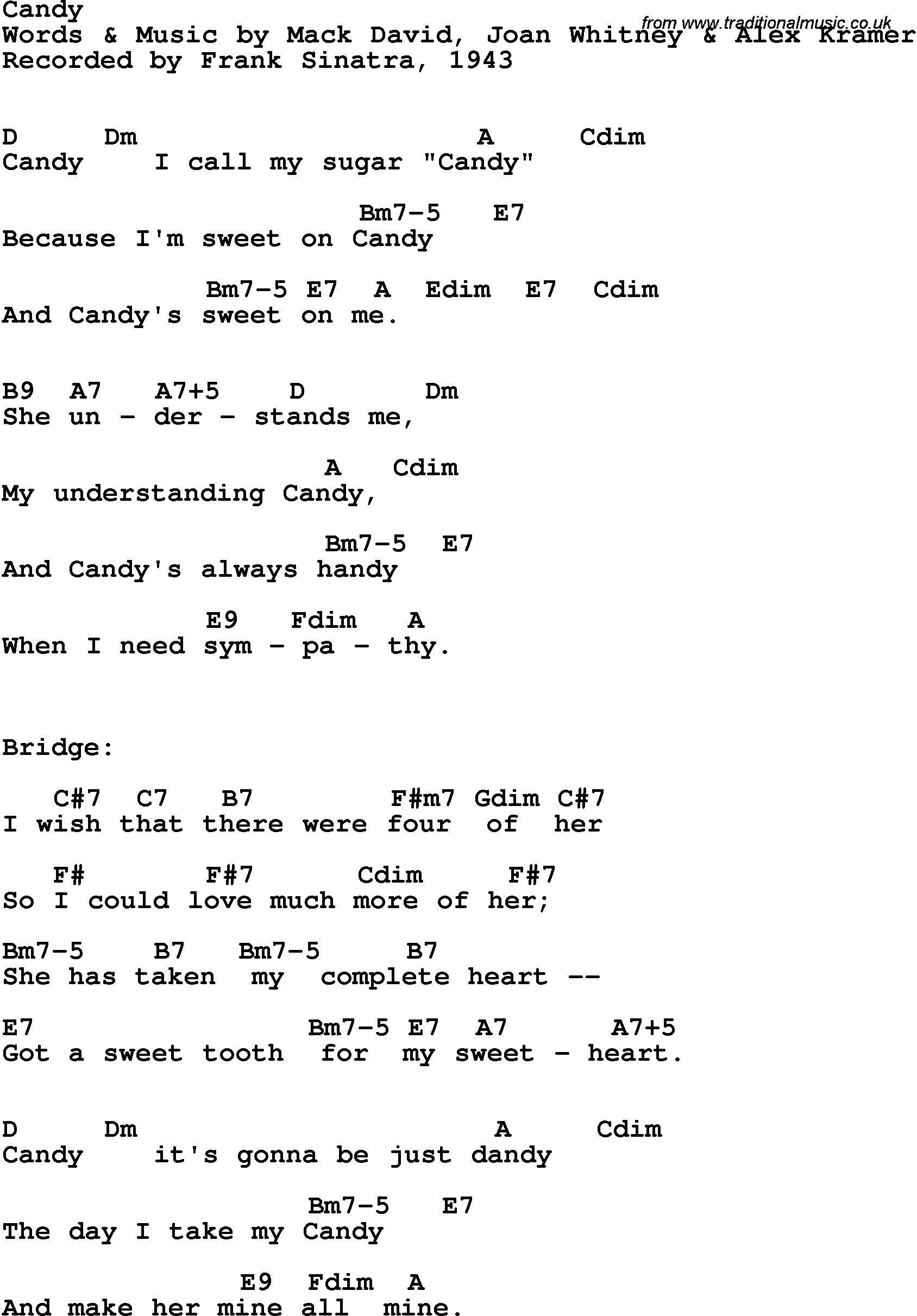 Song Lyrics with guitar chords for Candy - Frank Sinatra, 1943