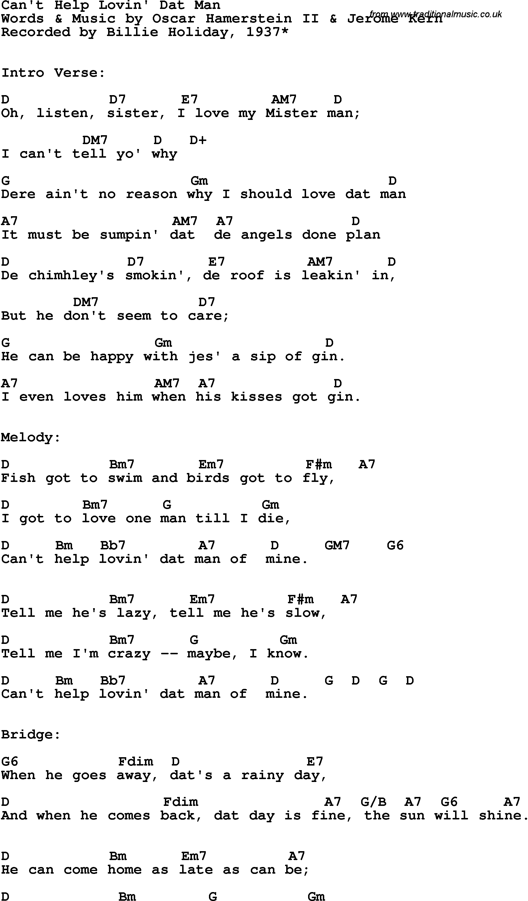 Song Lyrics with guitar chords for Can't Help Lovin' That Man - billie Holiday, 1937