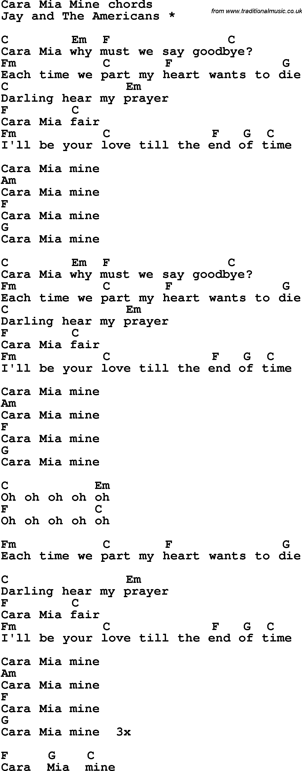 Song Lyrics with guitar chords for Cara Mia Mine