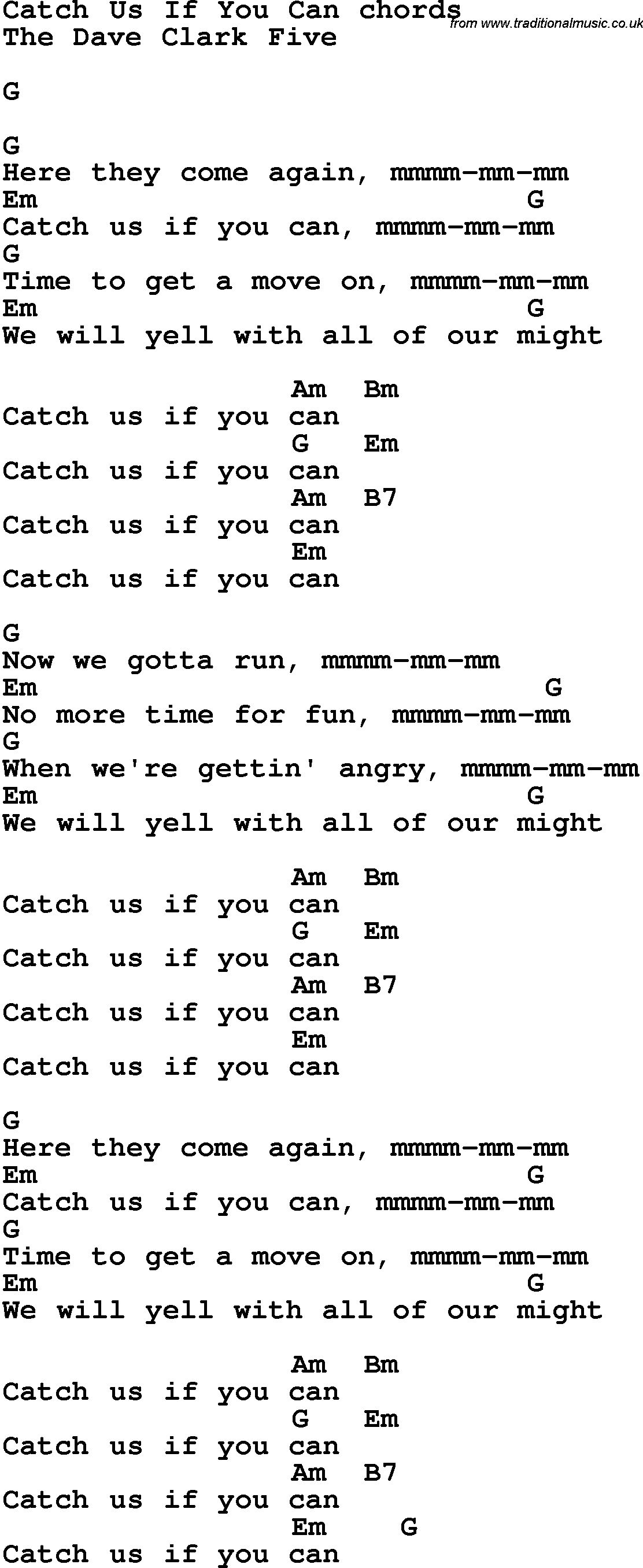 Song Lyrics with guitar chords for Catch Us If You Can