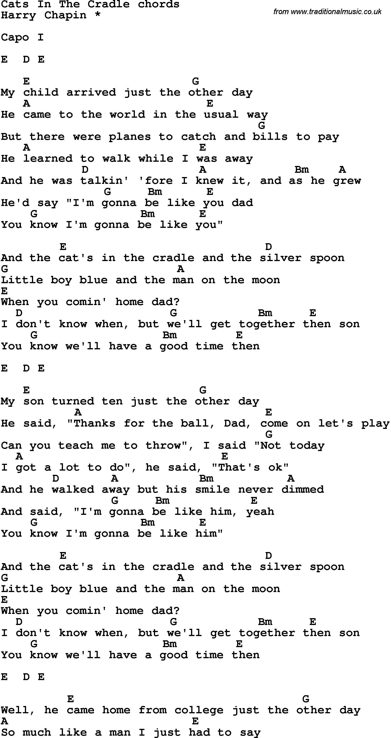 Song Lyrics with guitar chords for Cats In The Cradle