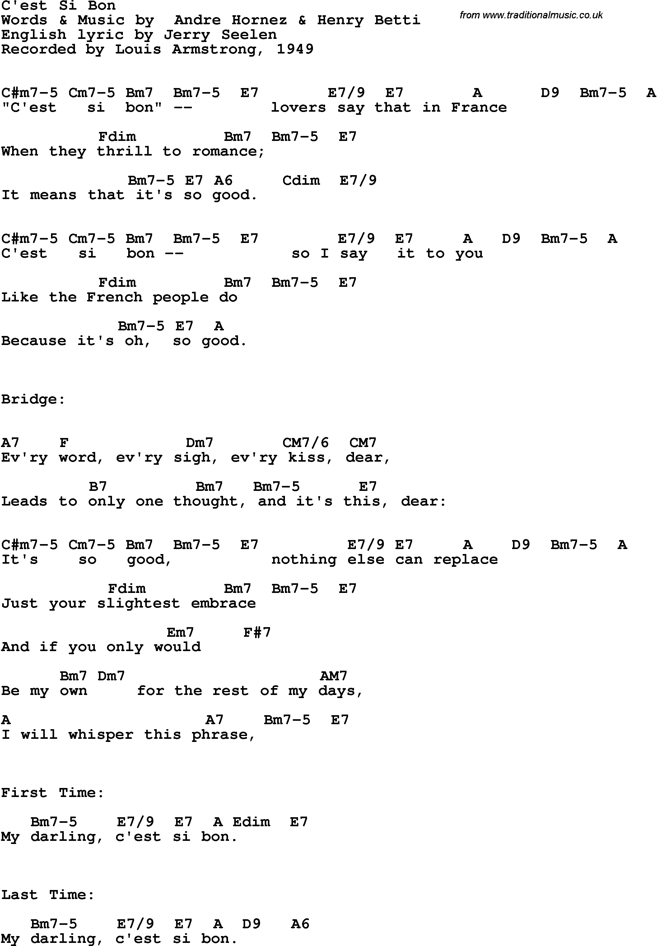 Song Lyrics with guitar chords for C'est Si Bon - Louis Armstrong, 1949