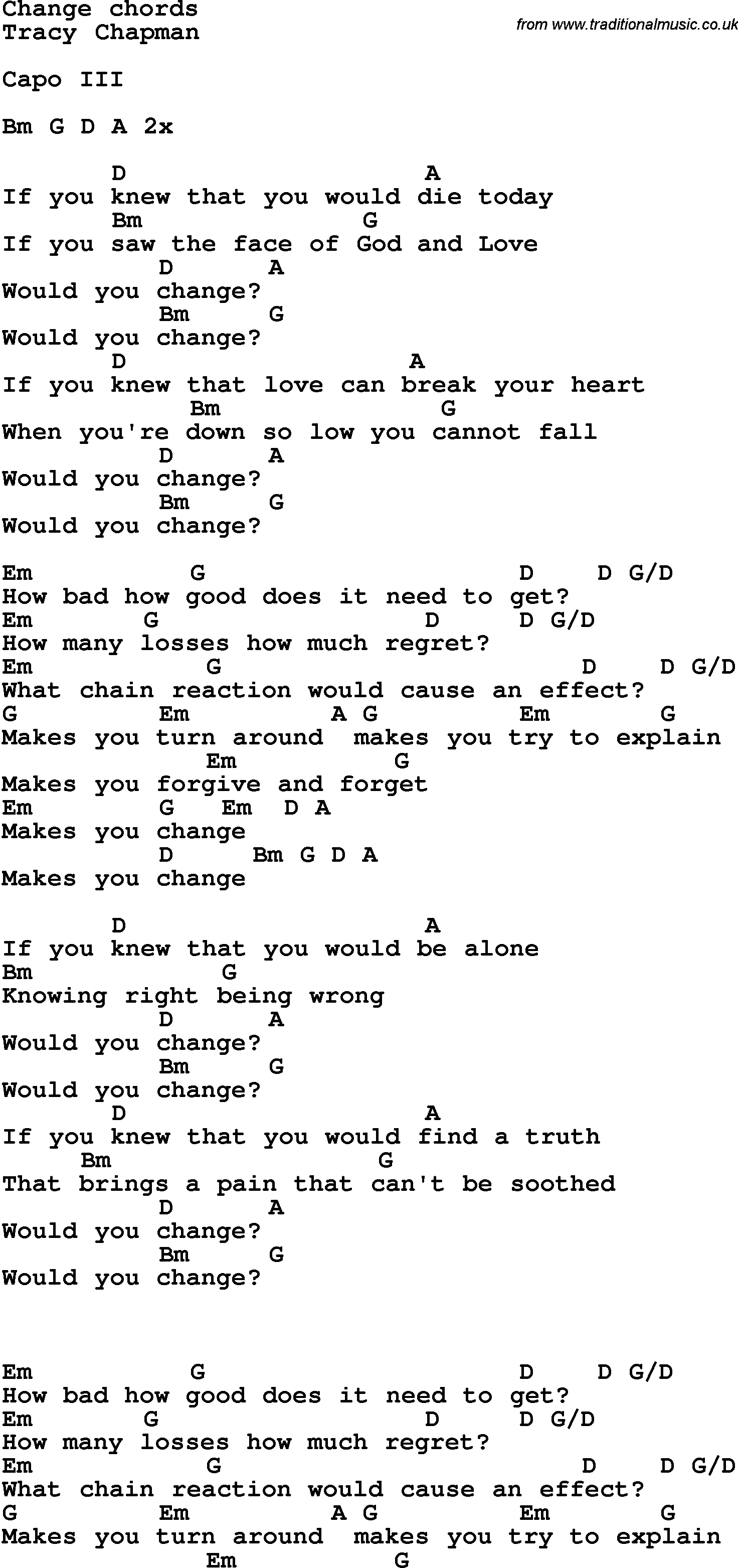Song Lyrics with guitar chords for Change