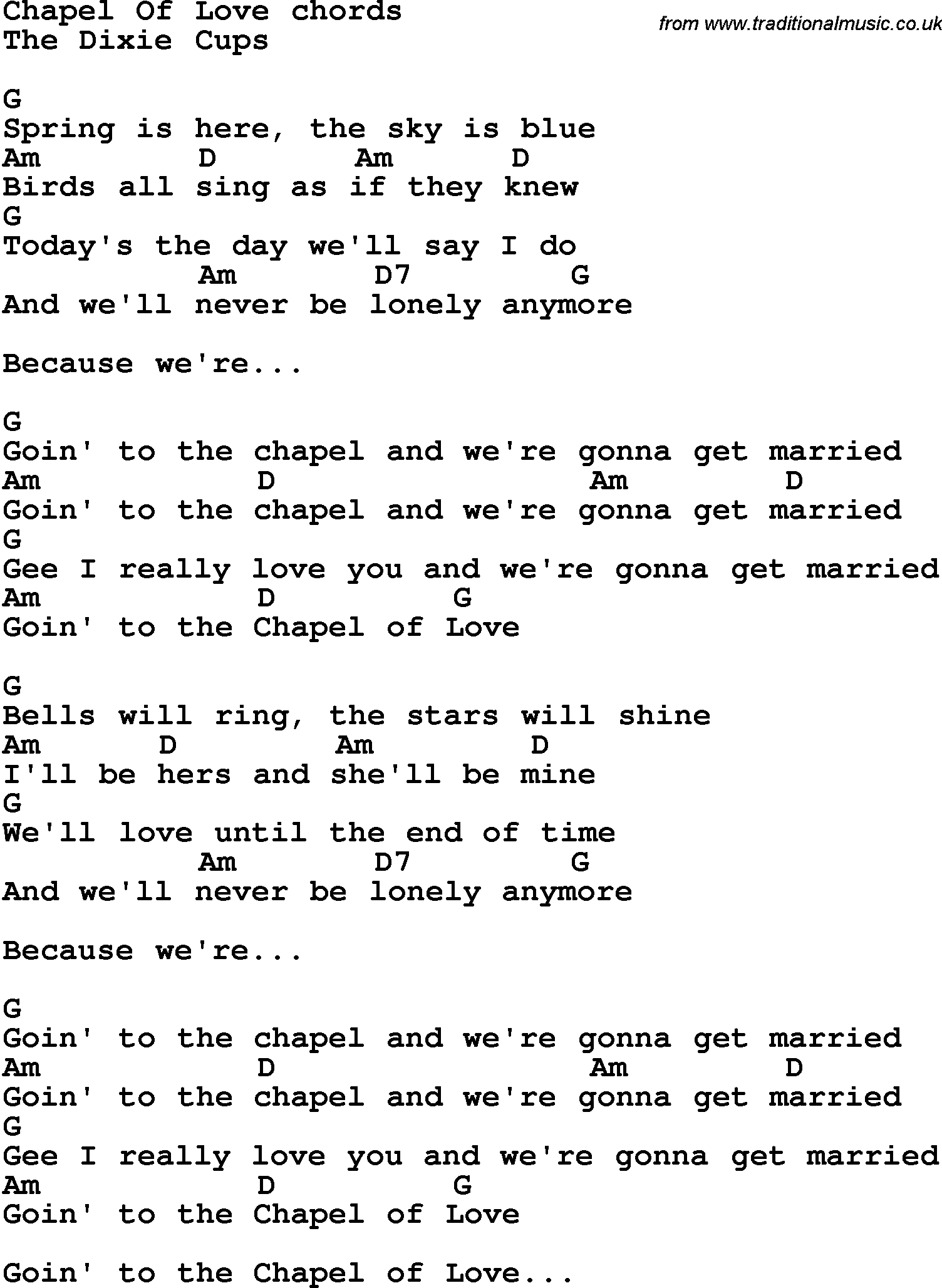 Song Lyrics with guitar chords for Chapel Of Love
