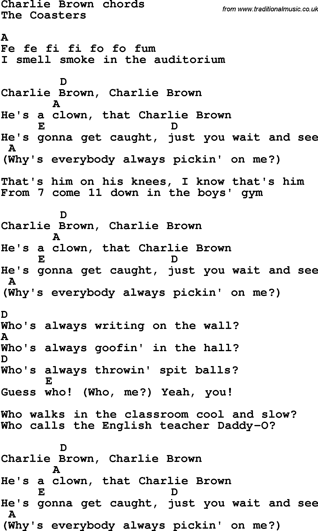 Song Lyrics with guitar chords for Charlie Brown