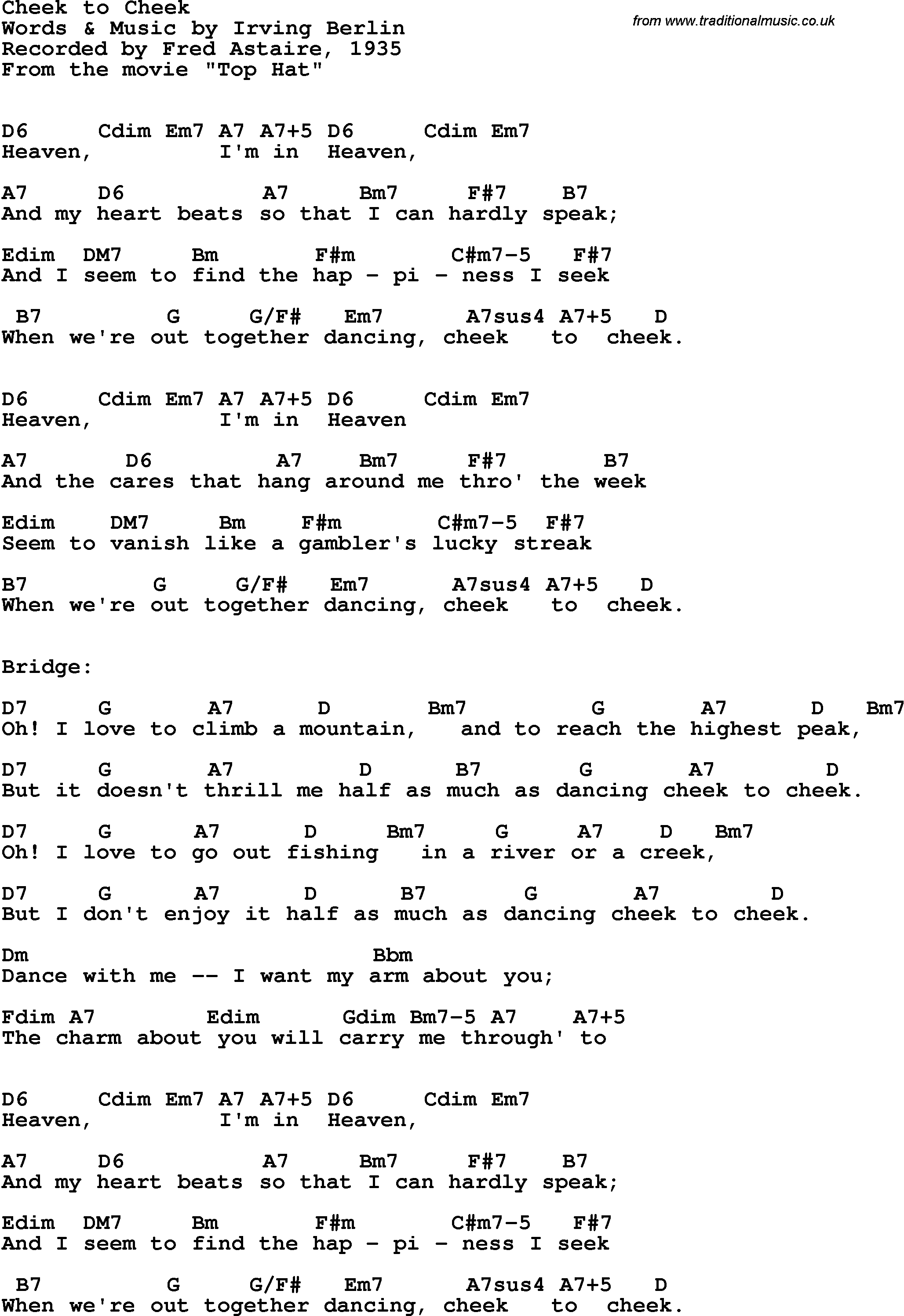 Song Lyrics with guitar chords for Cheek To Cheek - Fred Astaire, 1935