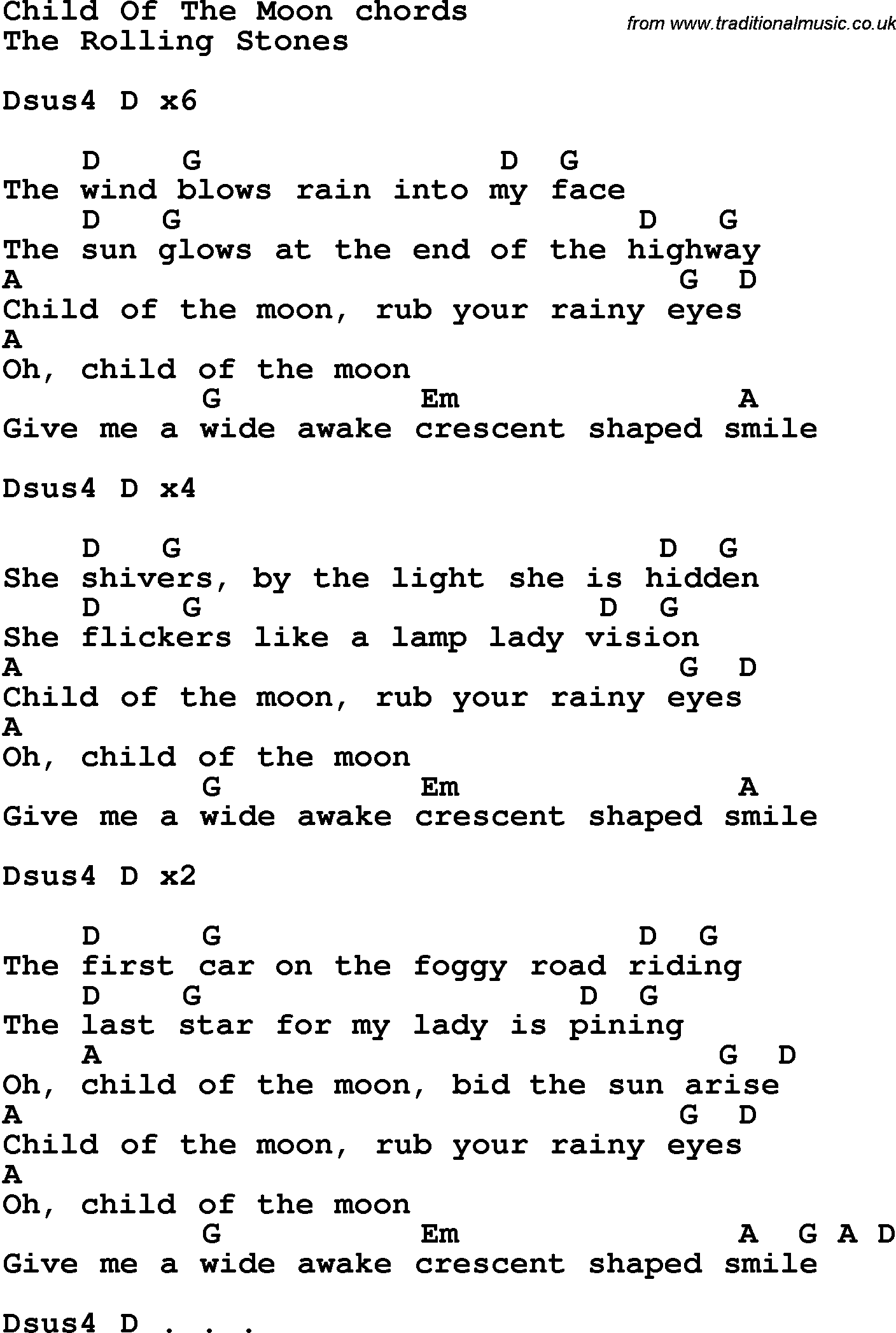 Song Lyrics with guitar chords for Child Of The Moon
