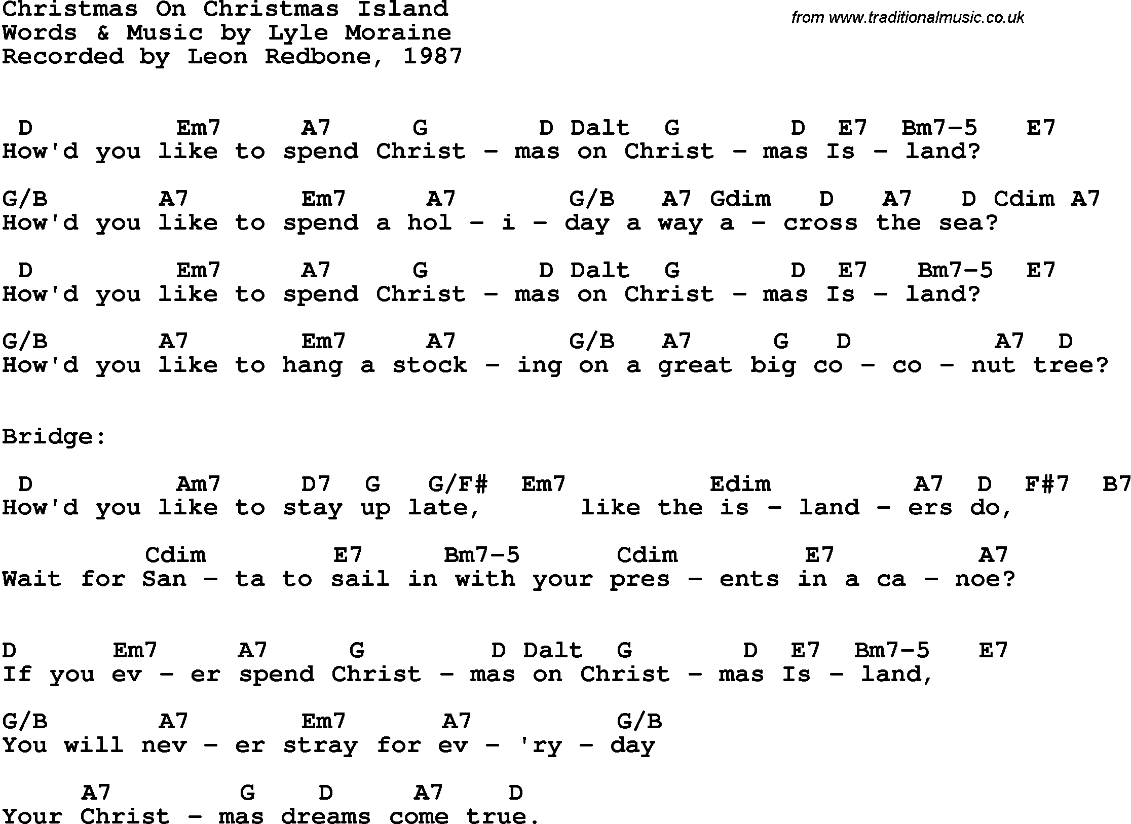 Song Lyrics with guitar chords for Christmas On Christmas Island - Leon Redbone, 1987