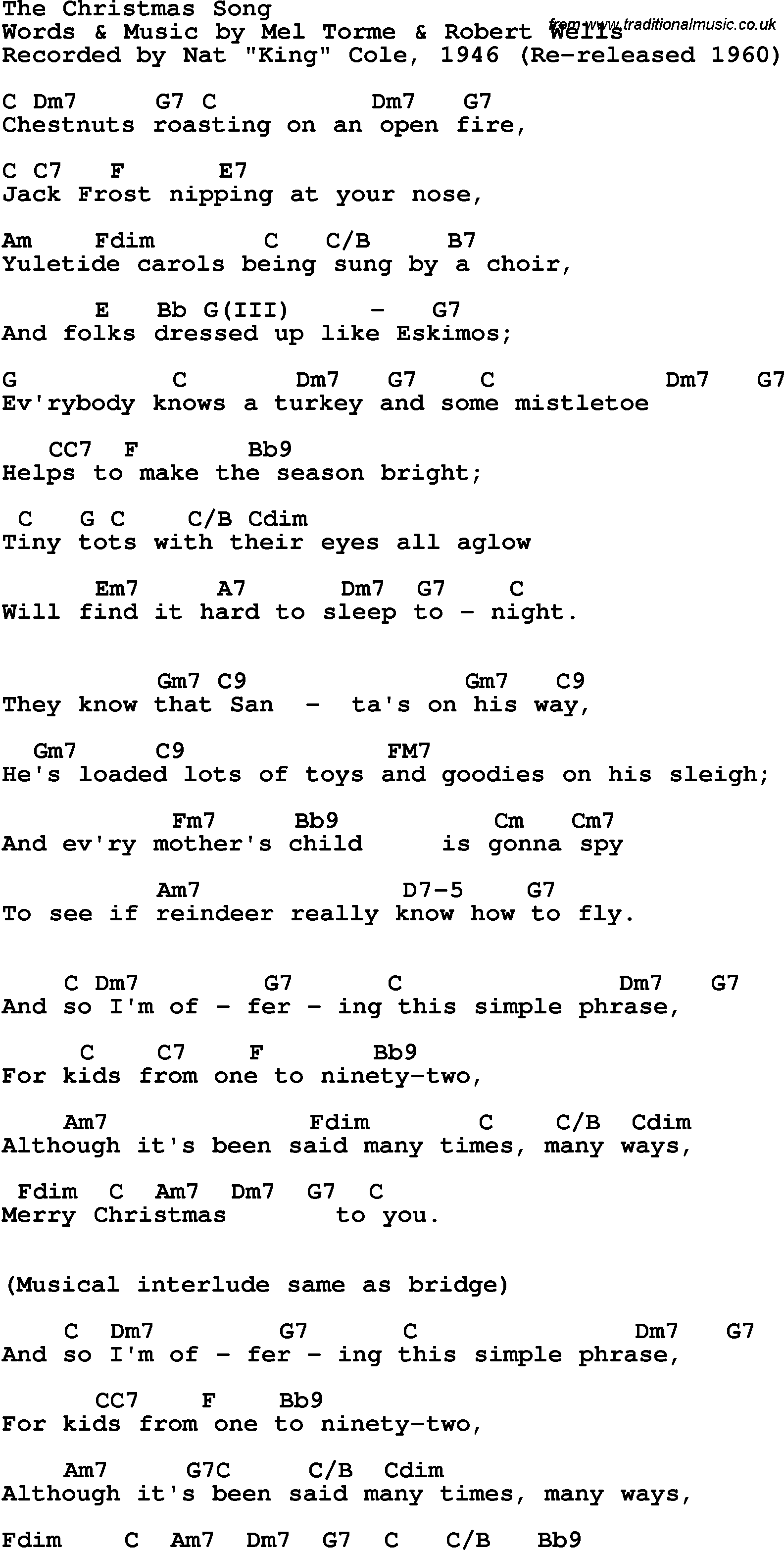 Song Lyrics with guitar chords for Christmas Song, The - Nat King Cole, 1946