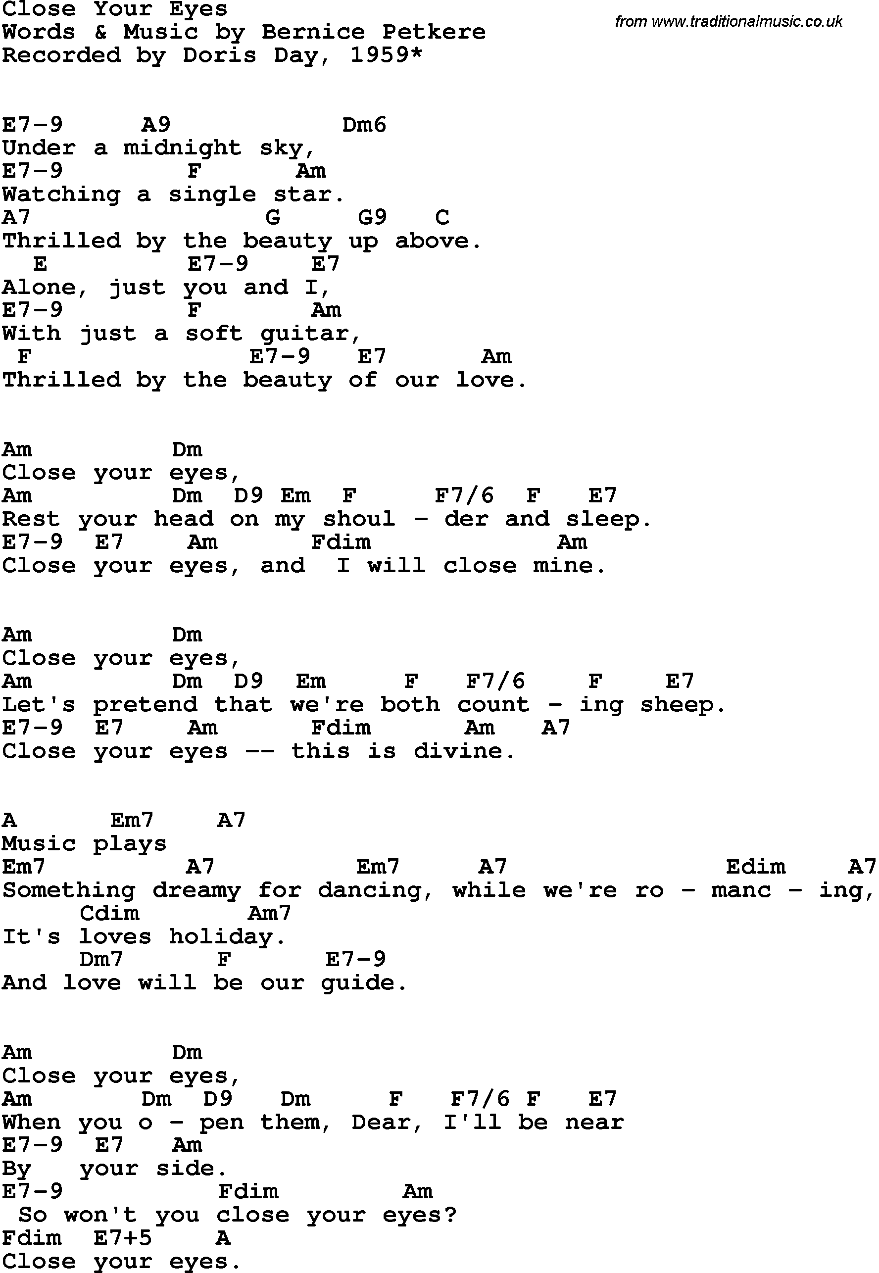 Song Lyrics with guitar chords for Close Your Eyes - Doris Day, 1959