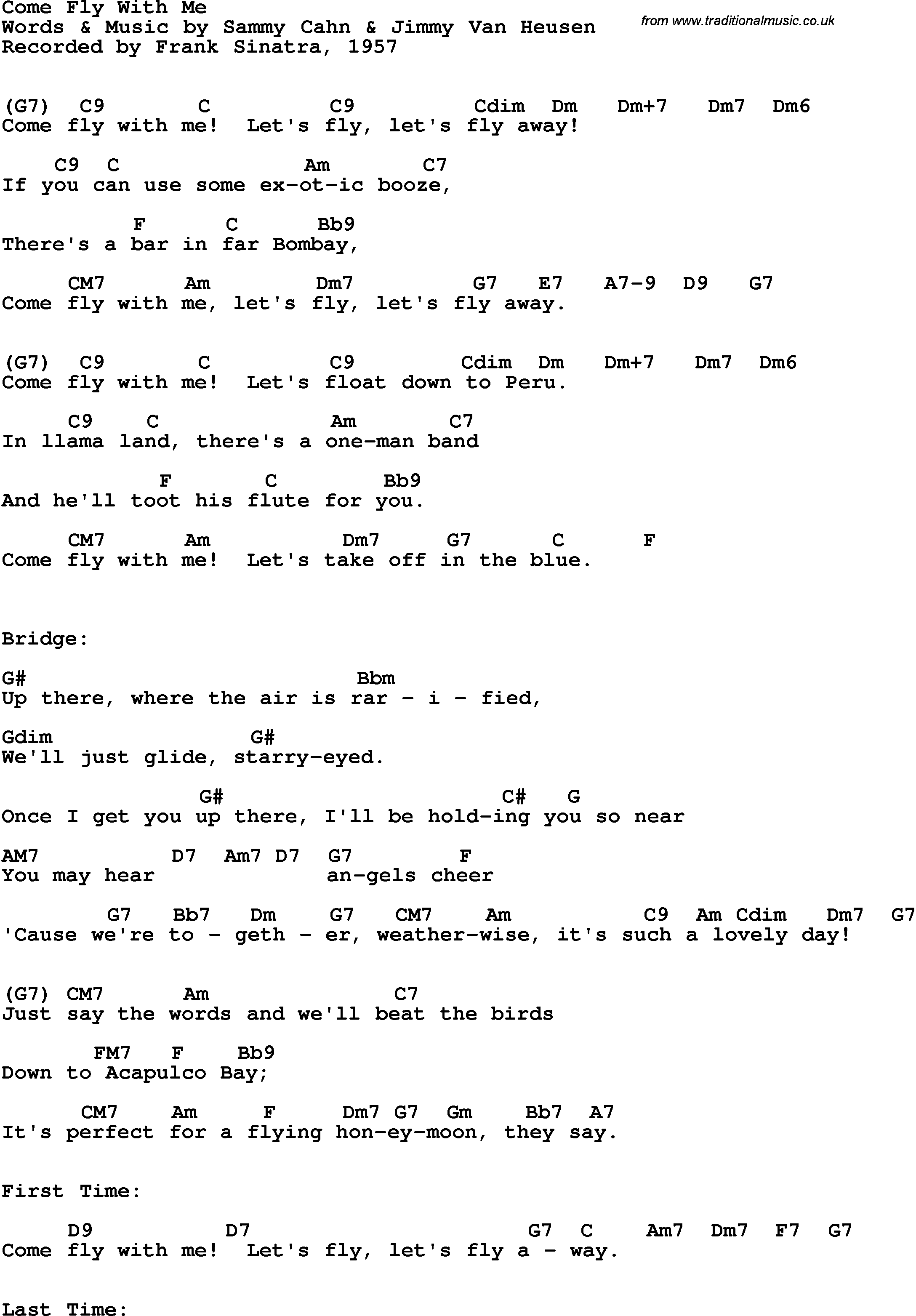Song Lyrics with guitar chords for Come Fly With Me - Frank Sinatra, 1957