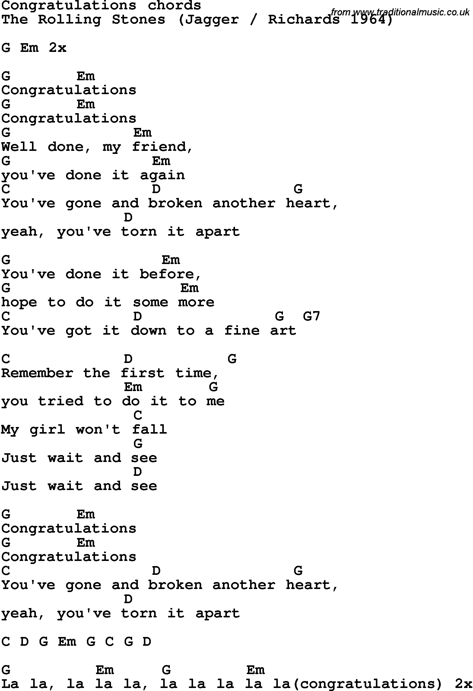 Song Lyrics with guitar chords for Congratulations