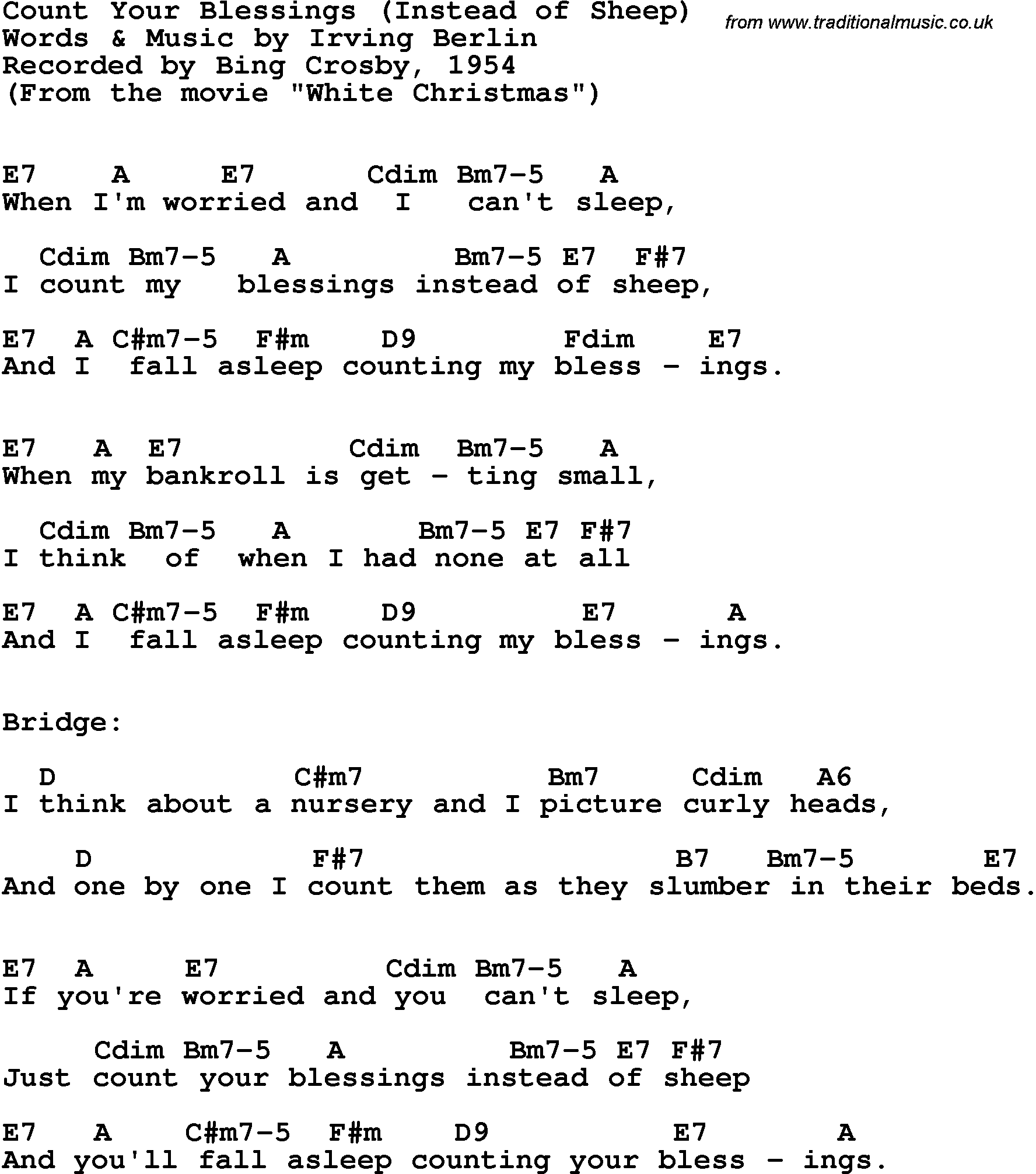 Song Lyrics with guitar chords for Count Your Blessings - Bing Crosby, 1954