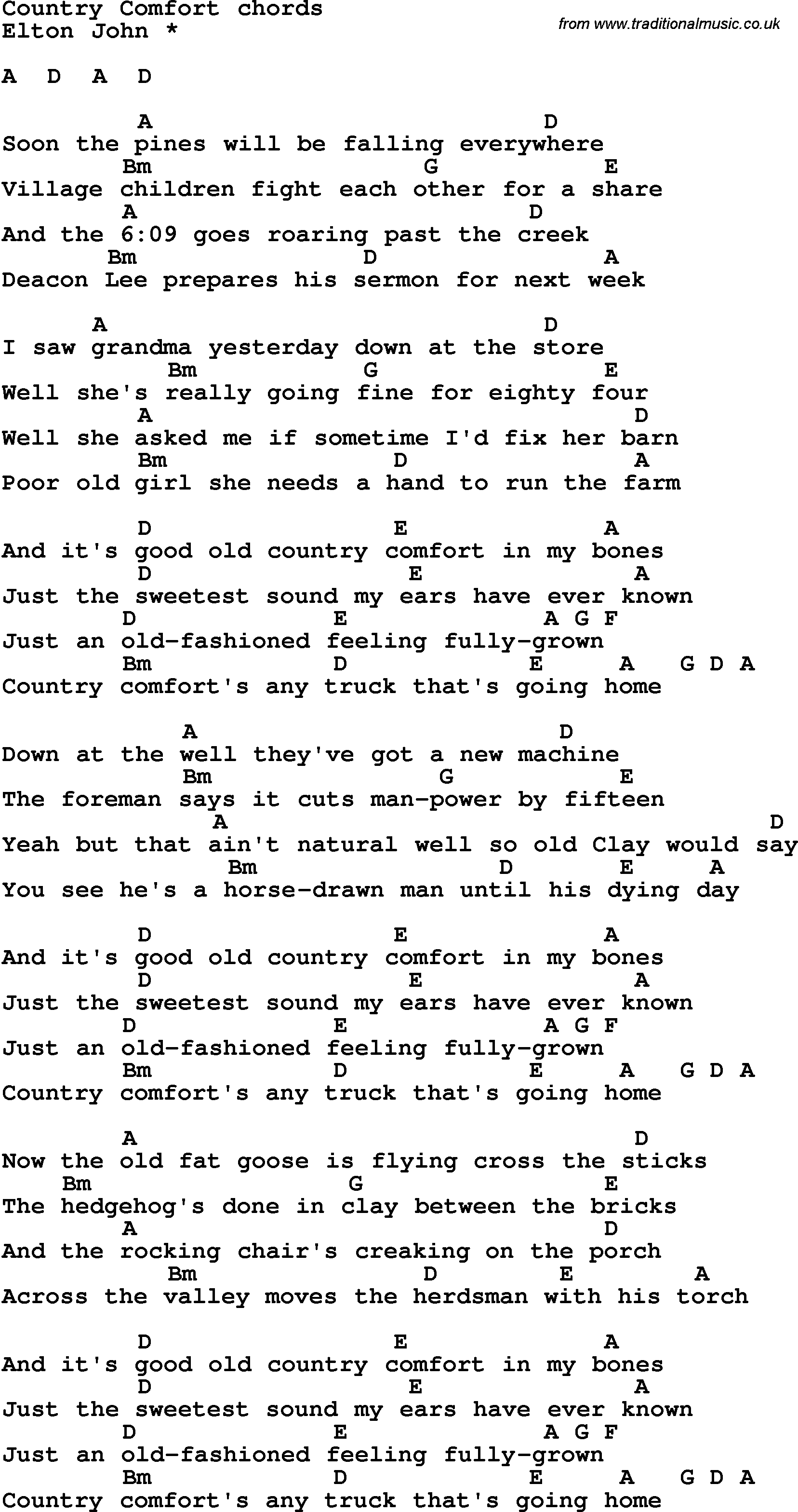 Song Lyrics with guitar chords for Country Comfort