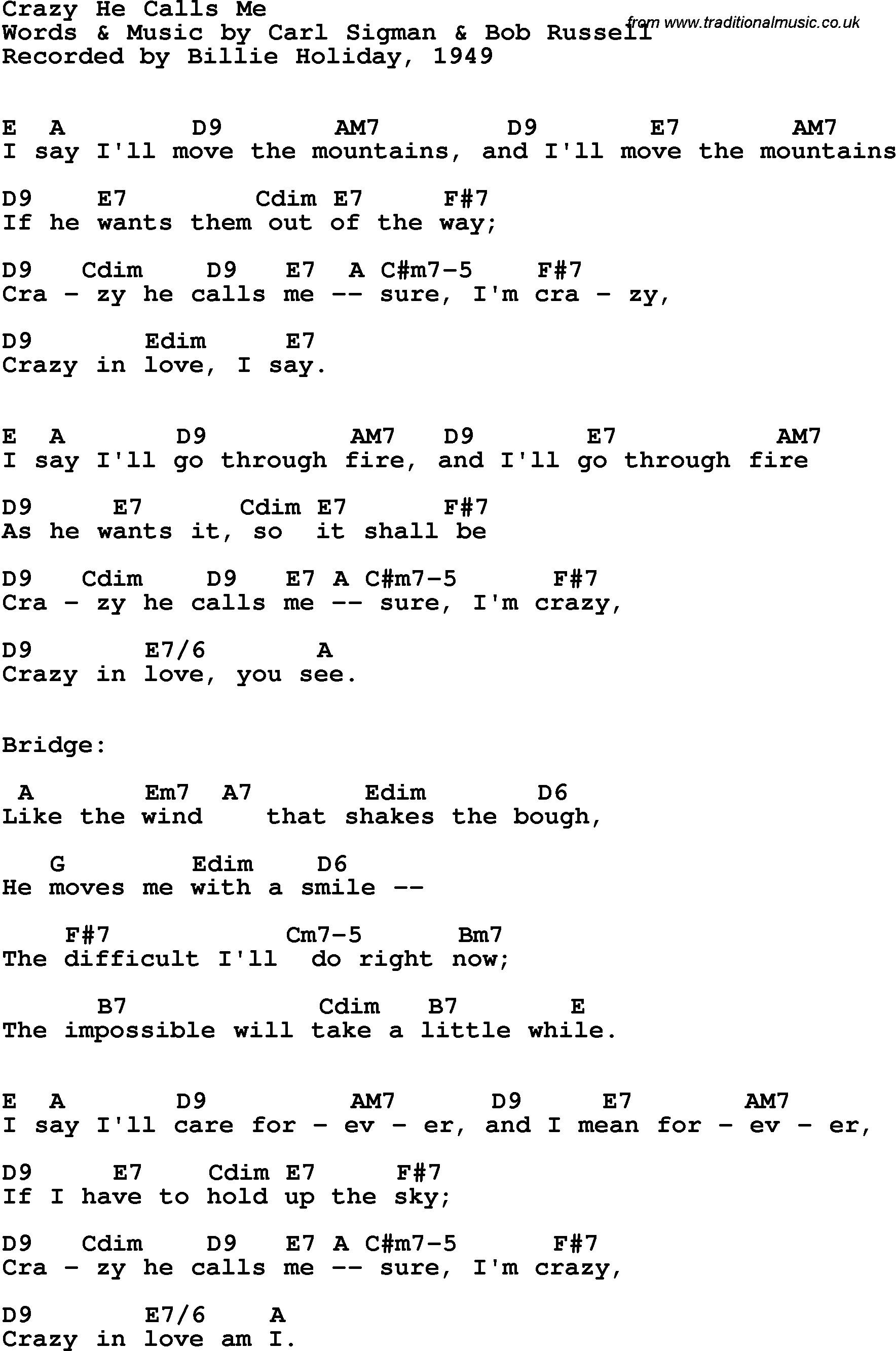 Song Lyrics with guitar chords for Crazy He Calls Me- Billie Holiday, 1949