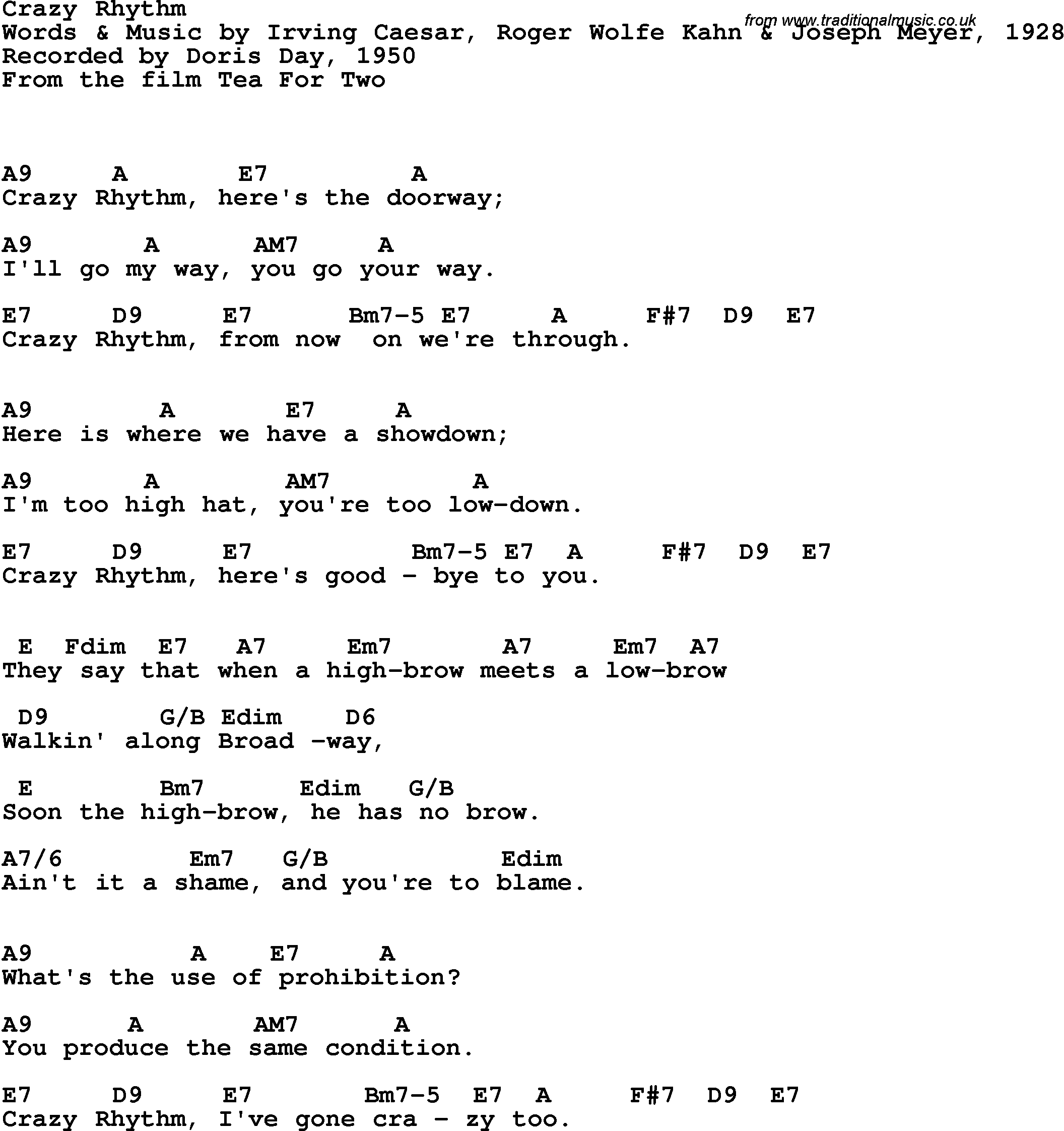 Song Lyrics with guitar chords for Crazy Rhythm - Doris Day, 1950