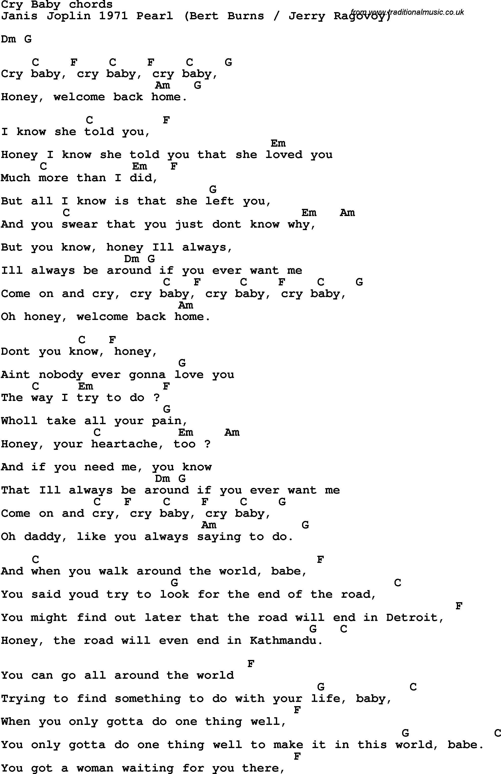 Song Lyrics with guitar chords for Cry Baby - Janis Joplin 1971