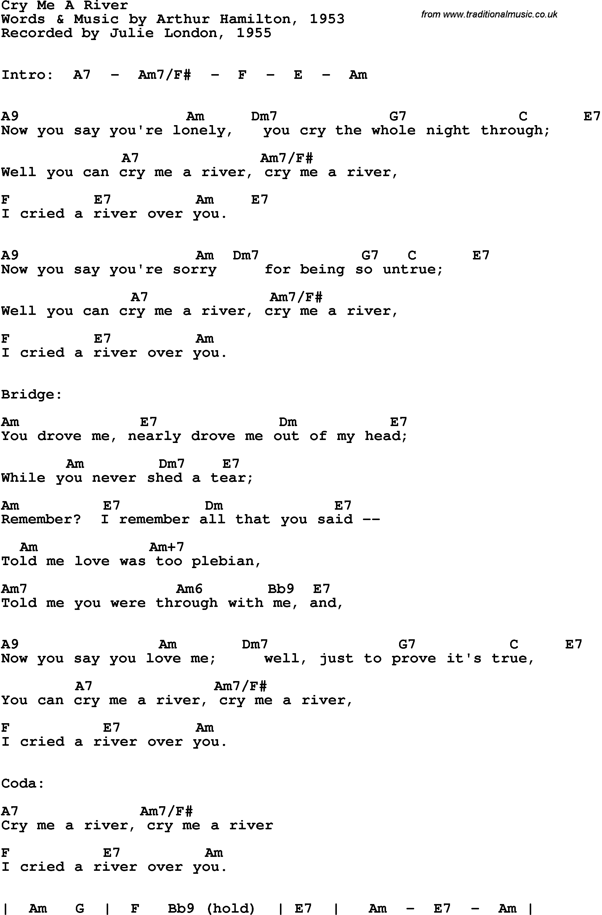 Song Lyrics with guitar chords for Cry Me A River - Julie London, 1955