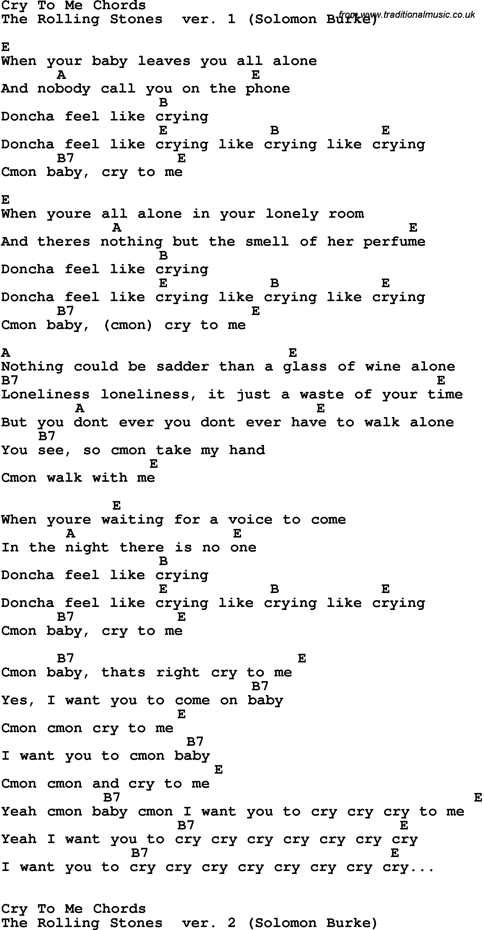 Song Lyrics with guitar chords for Cry To Me