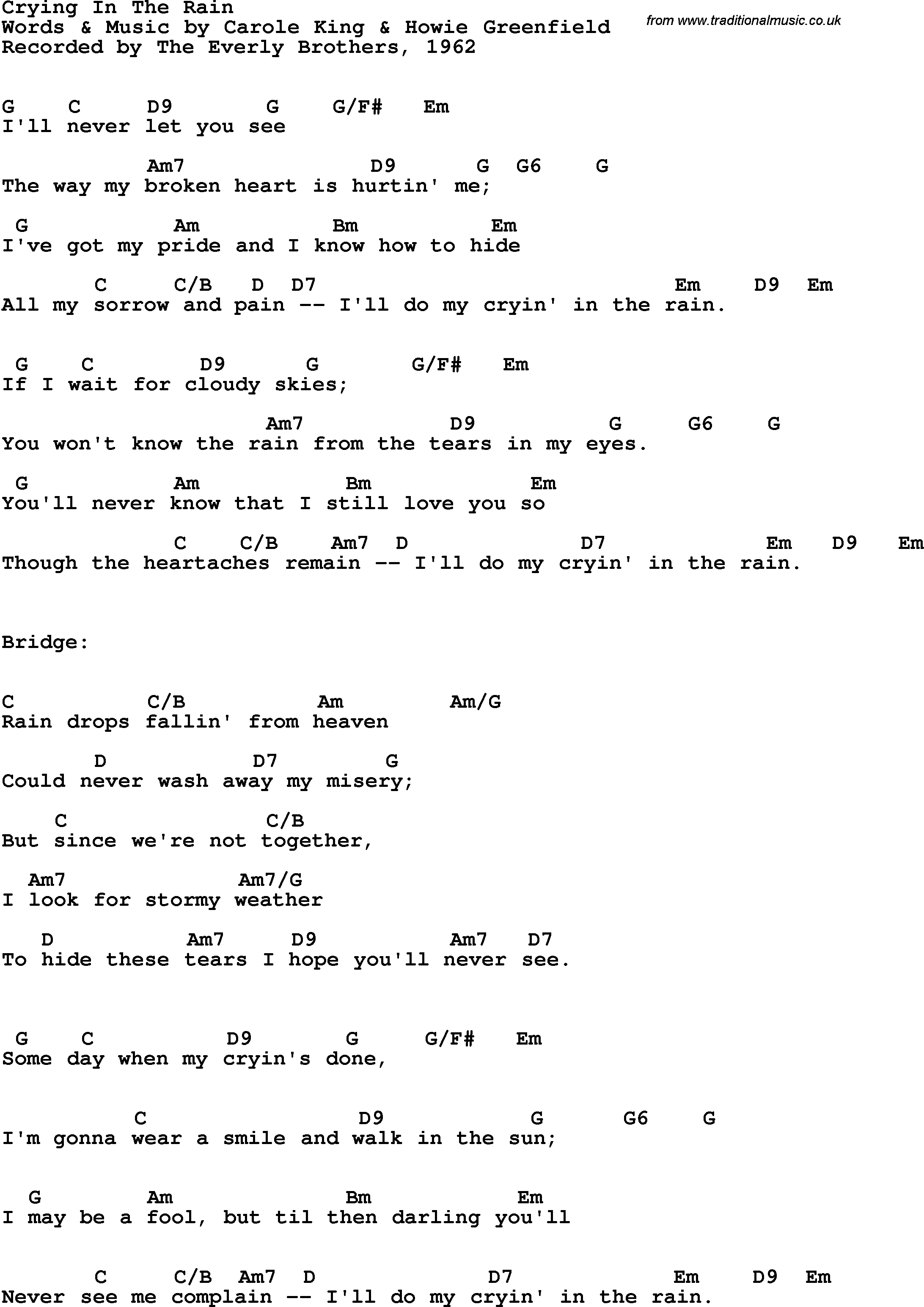 Song Lyrics with guitar chords for Crying In The Rain - The Everly Brothers, 1962