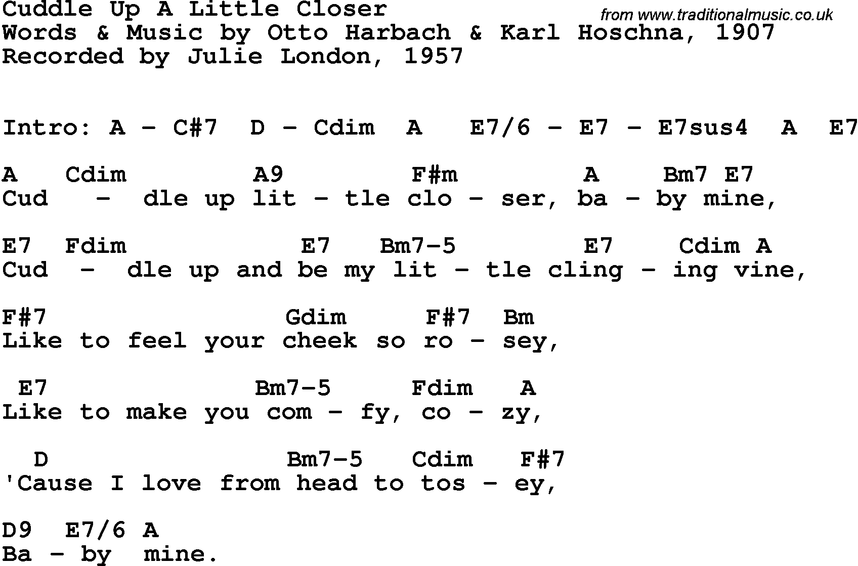 Song Lyrics with guitar chords for Cuddle Up A Little Closer - Julie London, 1955