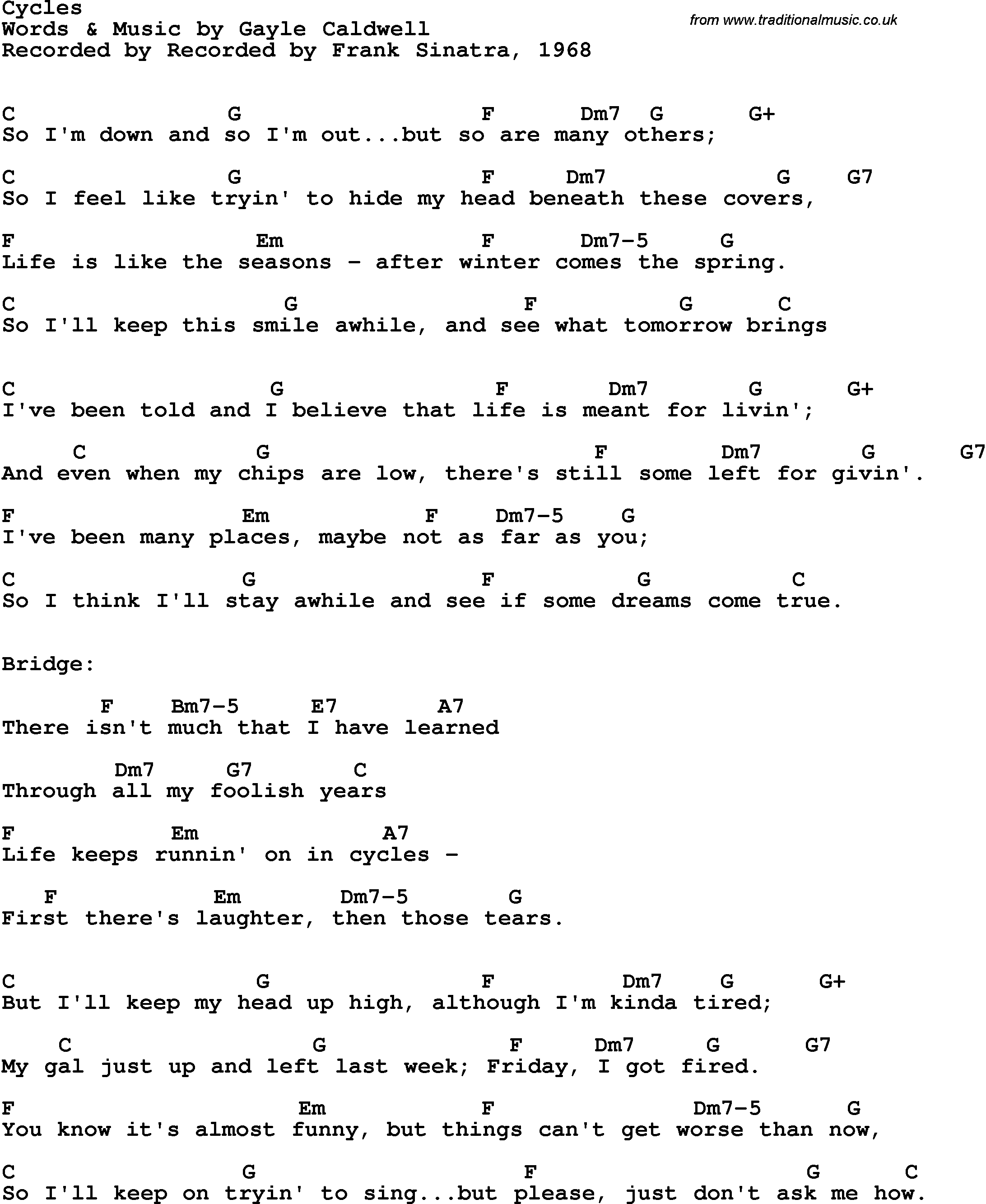 Song Lyrics with guitar chords for Cycles - Frank Sinatra, 1968