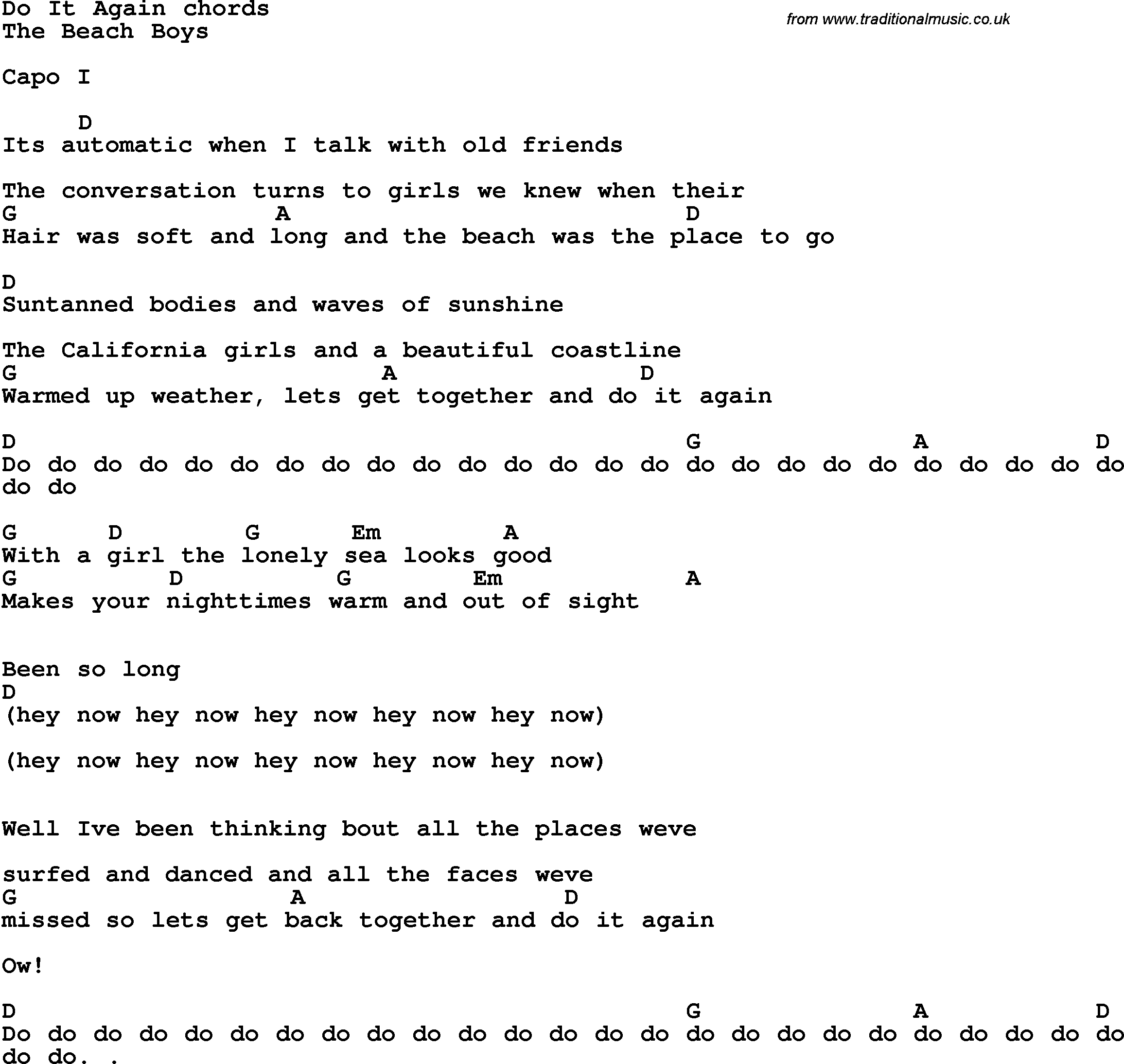Song lyrics with guitar chords for Do It Again.