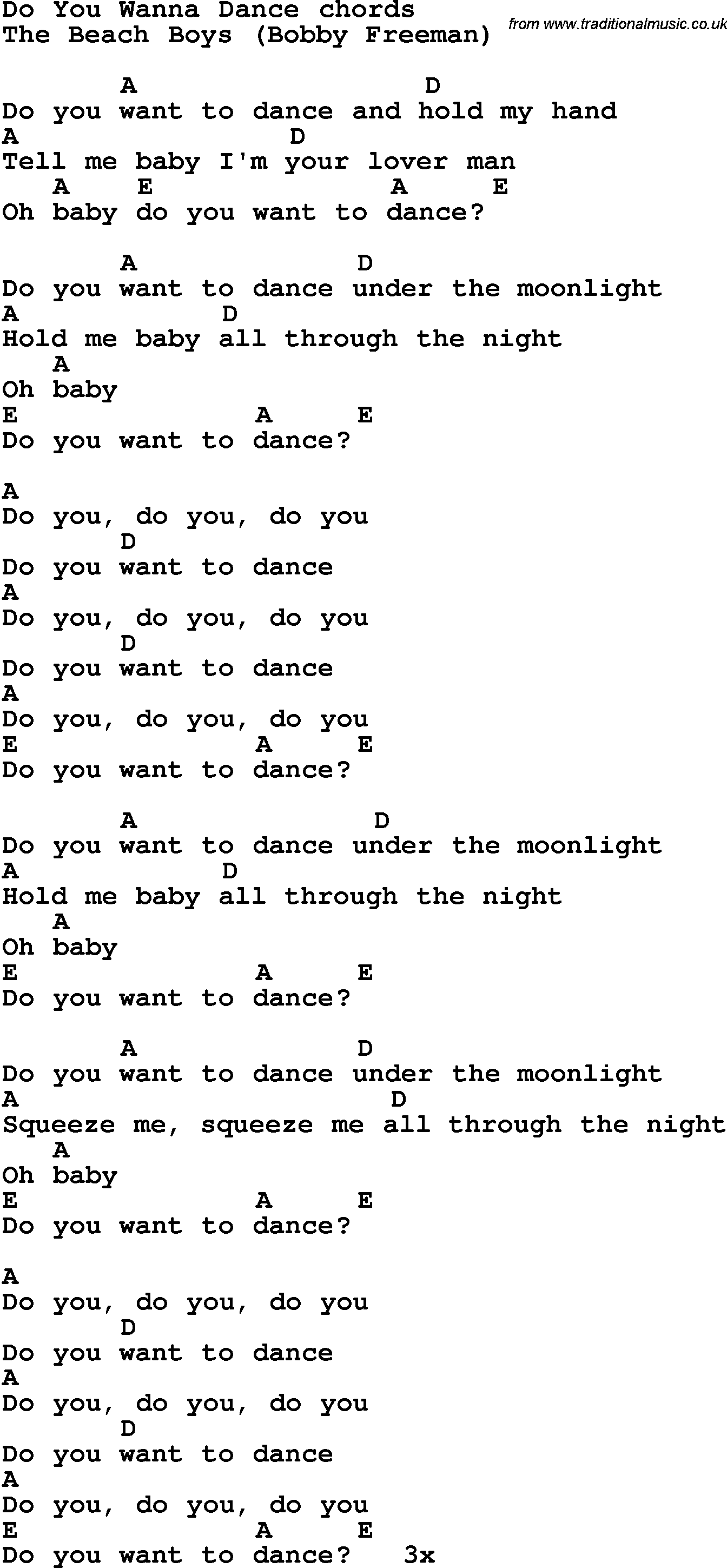 Song Lyrics with guitar chords for Do You Wanna Dance