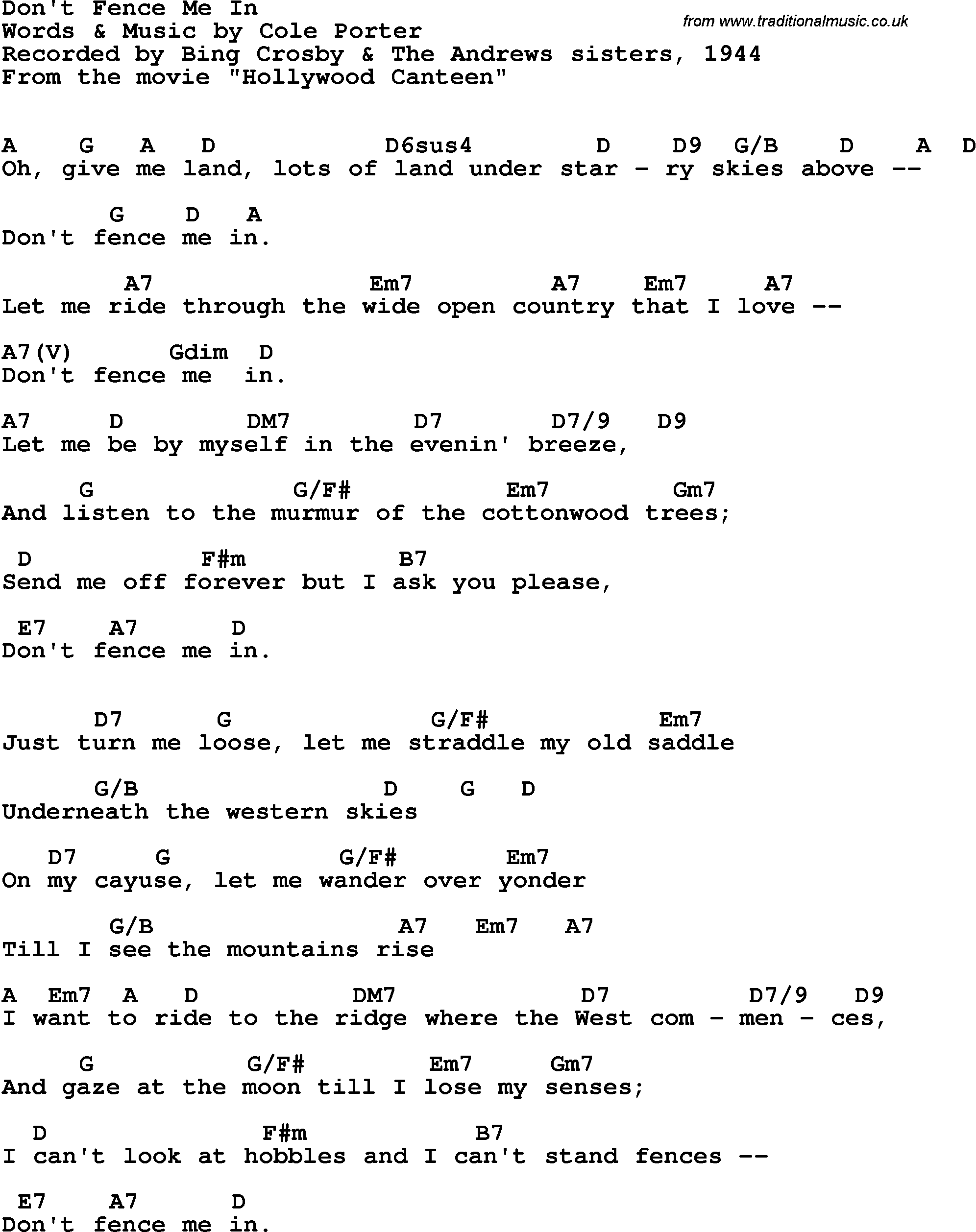 Song Lyrics with guitar chords for Don't Fence Me In - Bing Crosby With The Andrews Sisters, 1944
