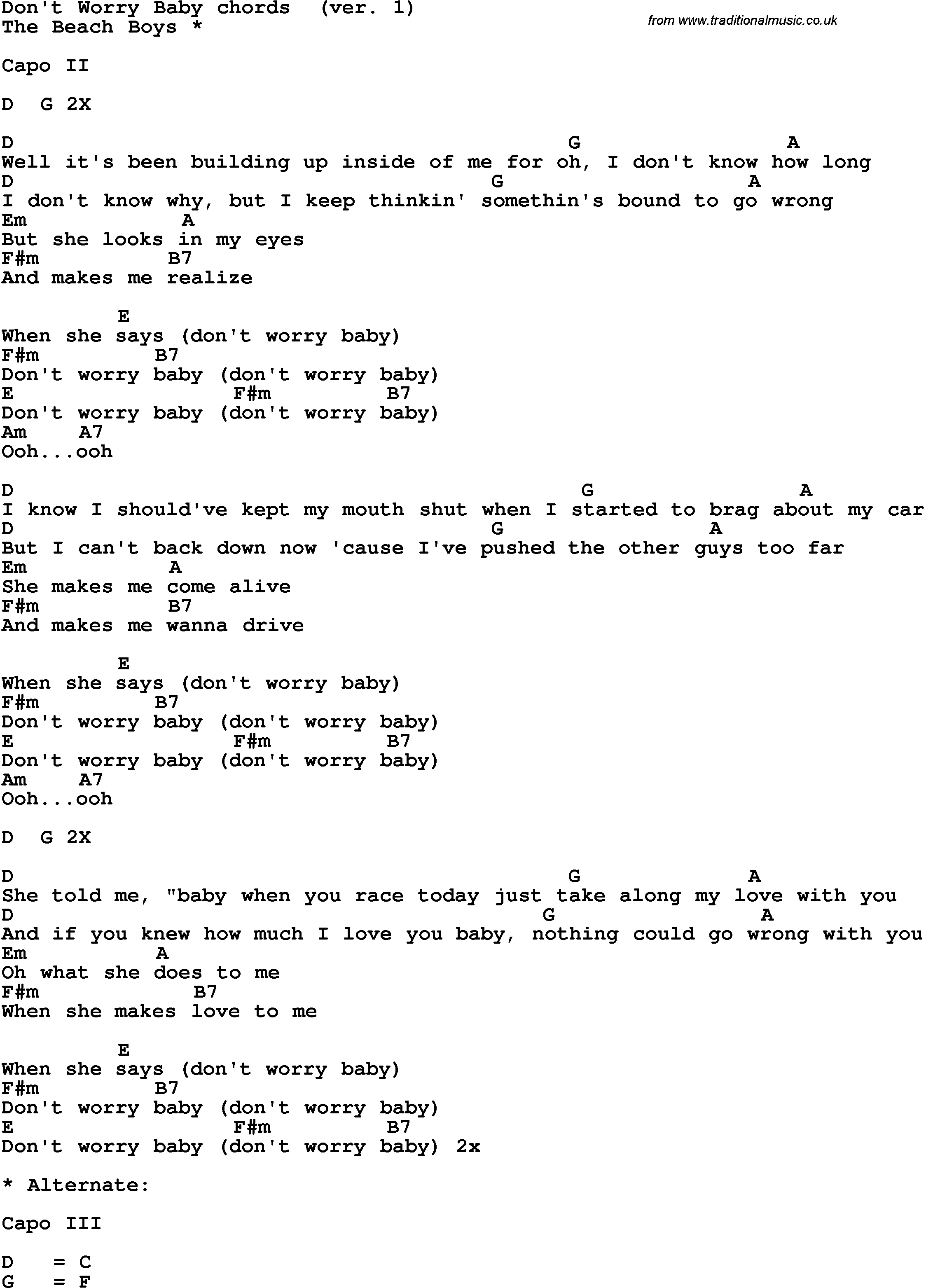 Song Lyrics with guitar chords for Don't Worry Baby