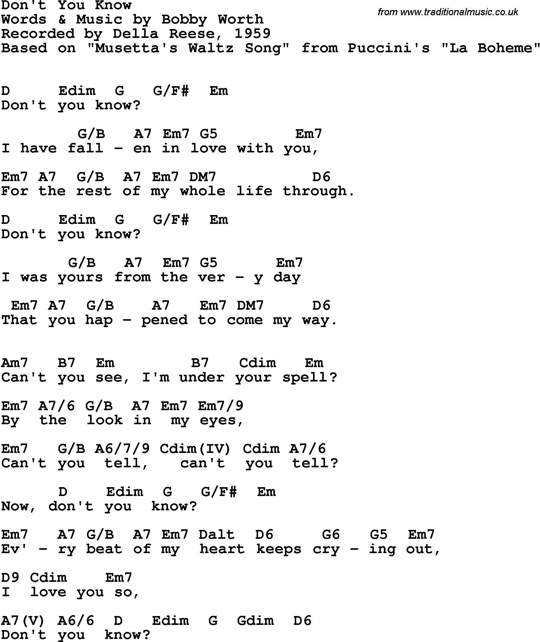 Song Lyrics with guitar chords for Don't You Know - Della Reese, 1959