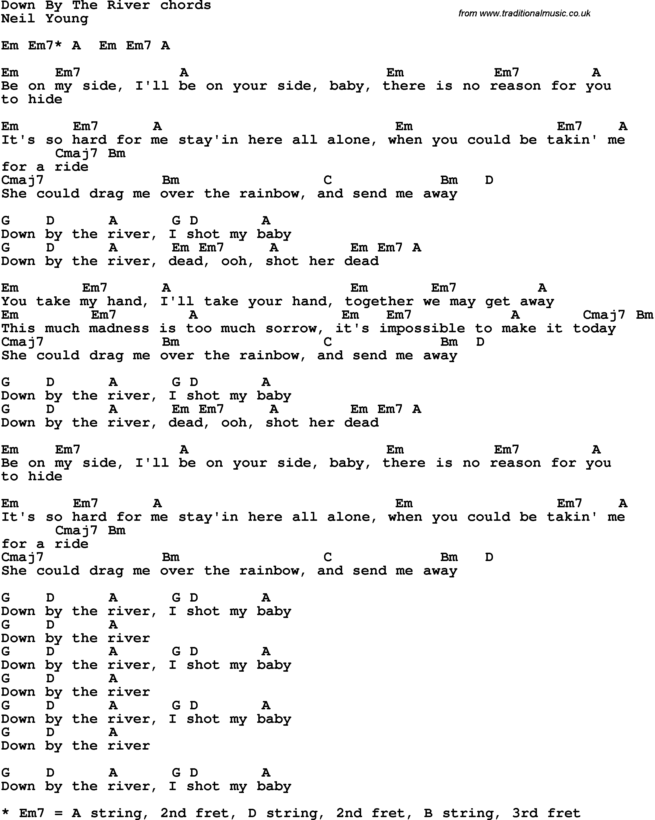 Song Lyrics with guitar chords for Down By The River