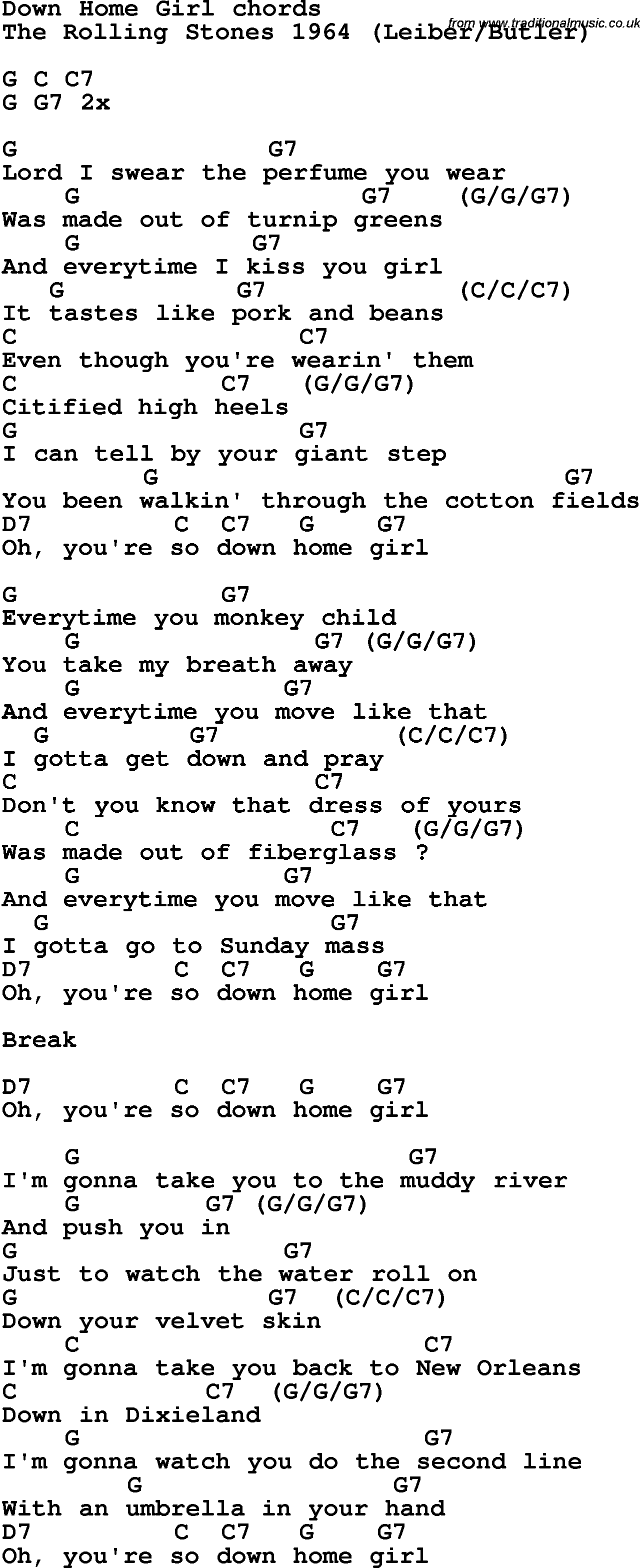 Song Lyrics with guitar chords for Down Home Girl