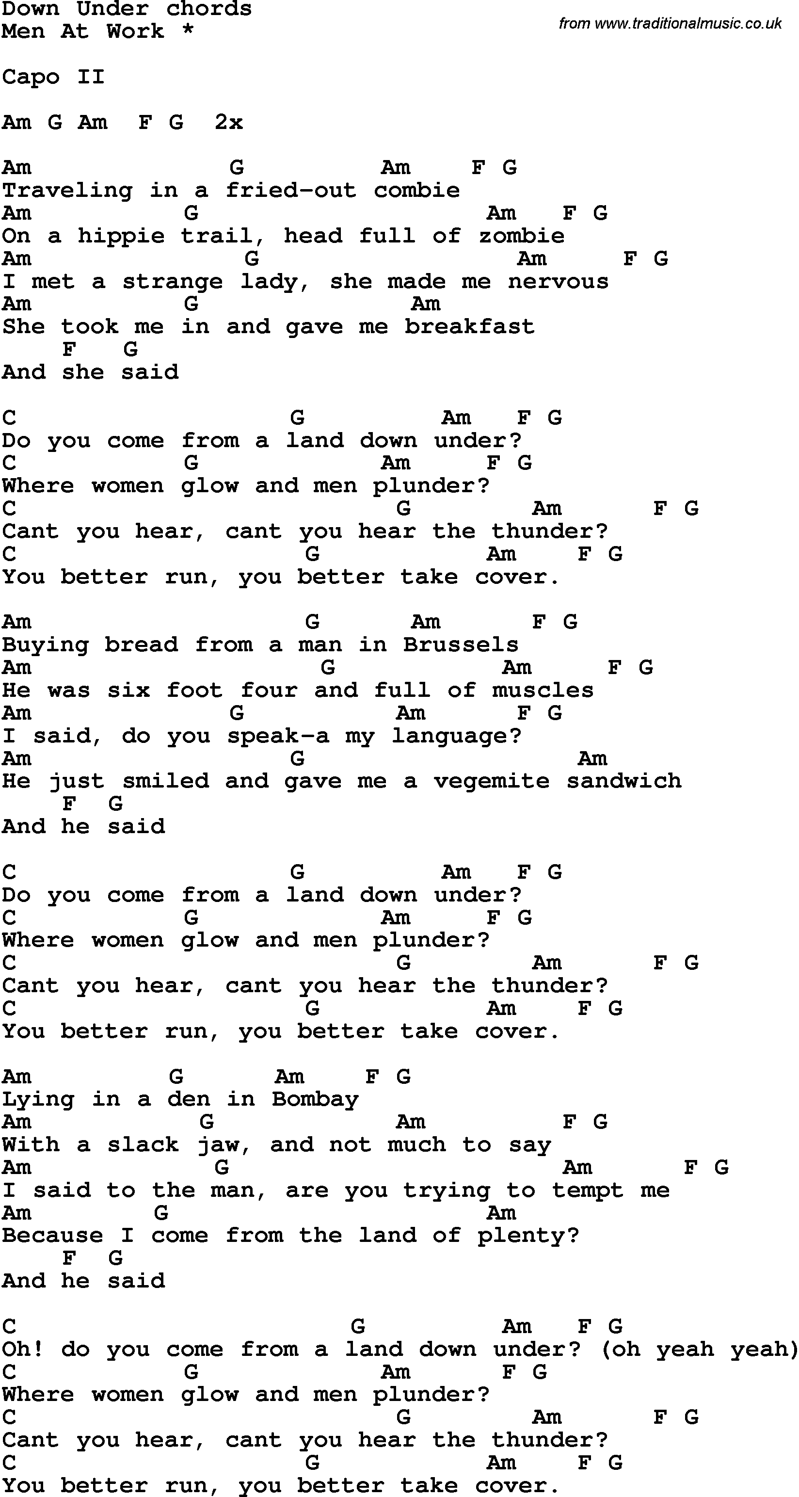 Song Lyrics with guitar chords for Down Under