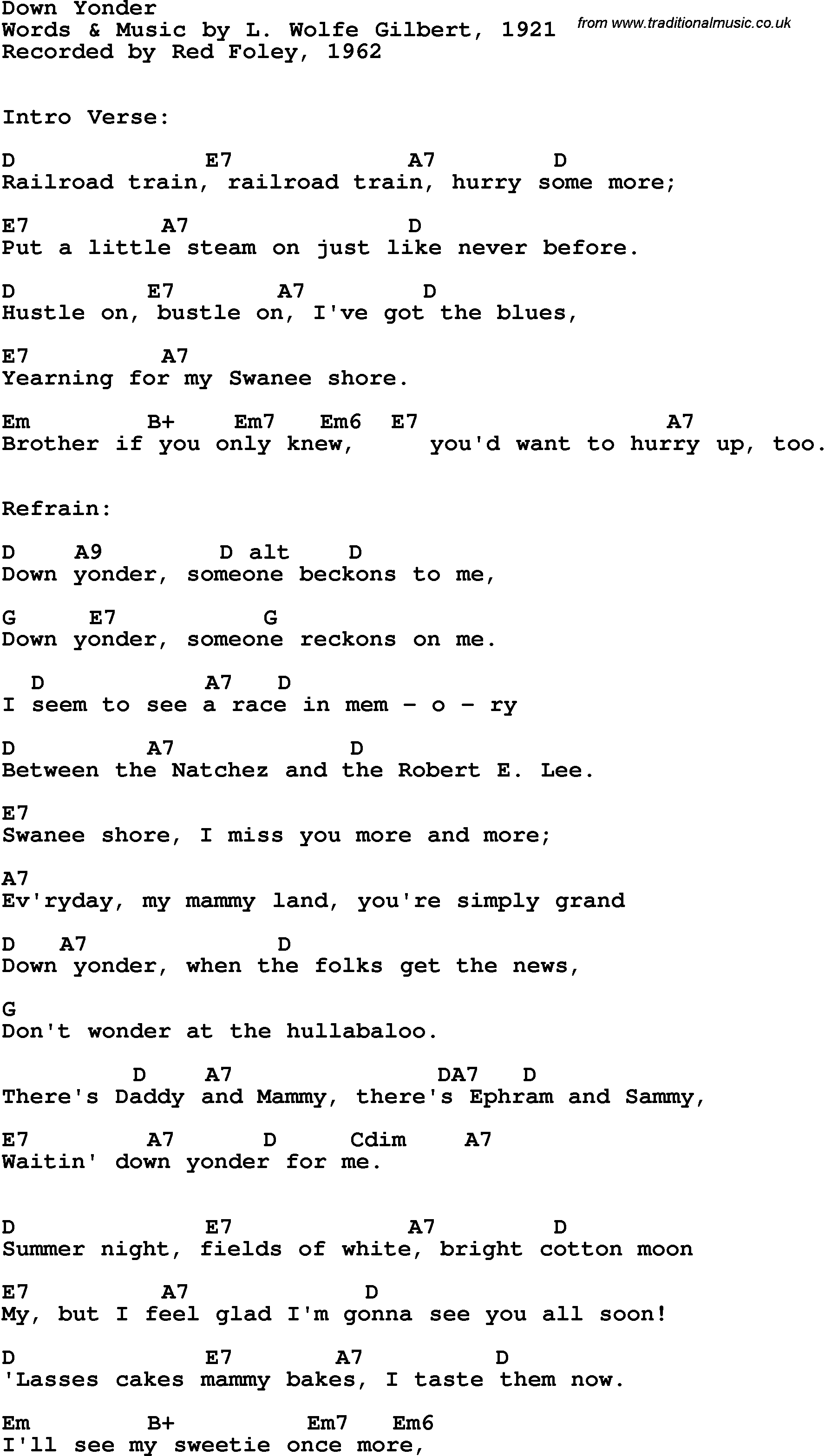Song Lyrics with guitar chords for Down Yonder - Red Foley, 1962