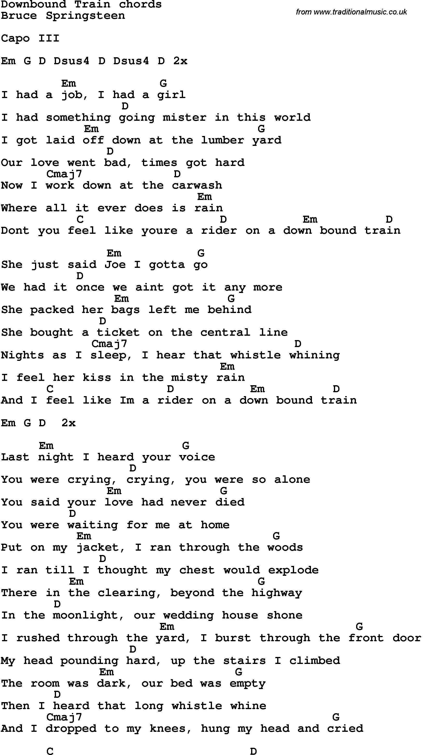 Song Lyrics with guitar chords for Downbound Train