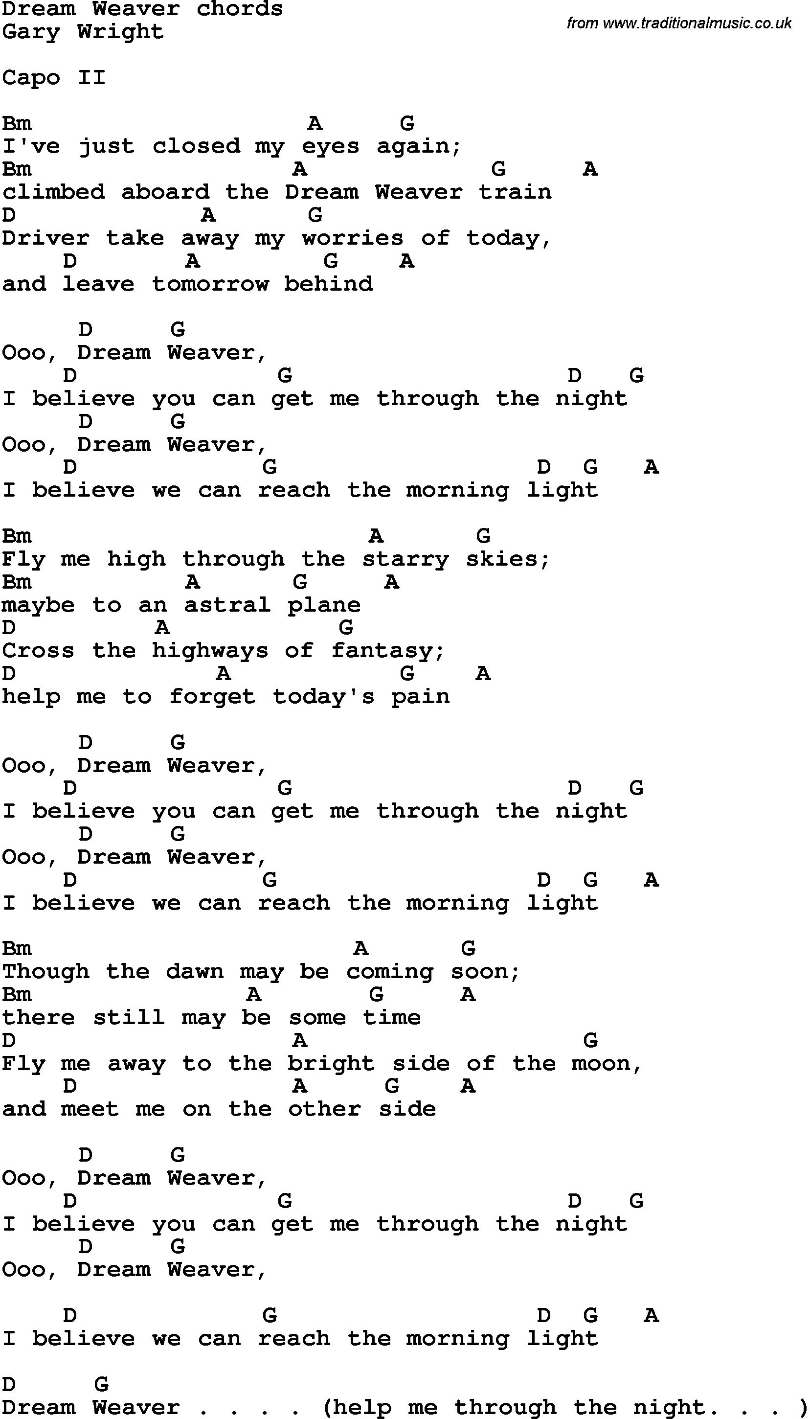 Song Lyrics with guitar chords for Dream Weaver
