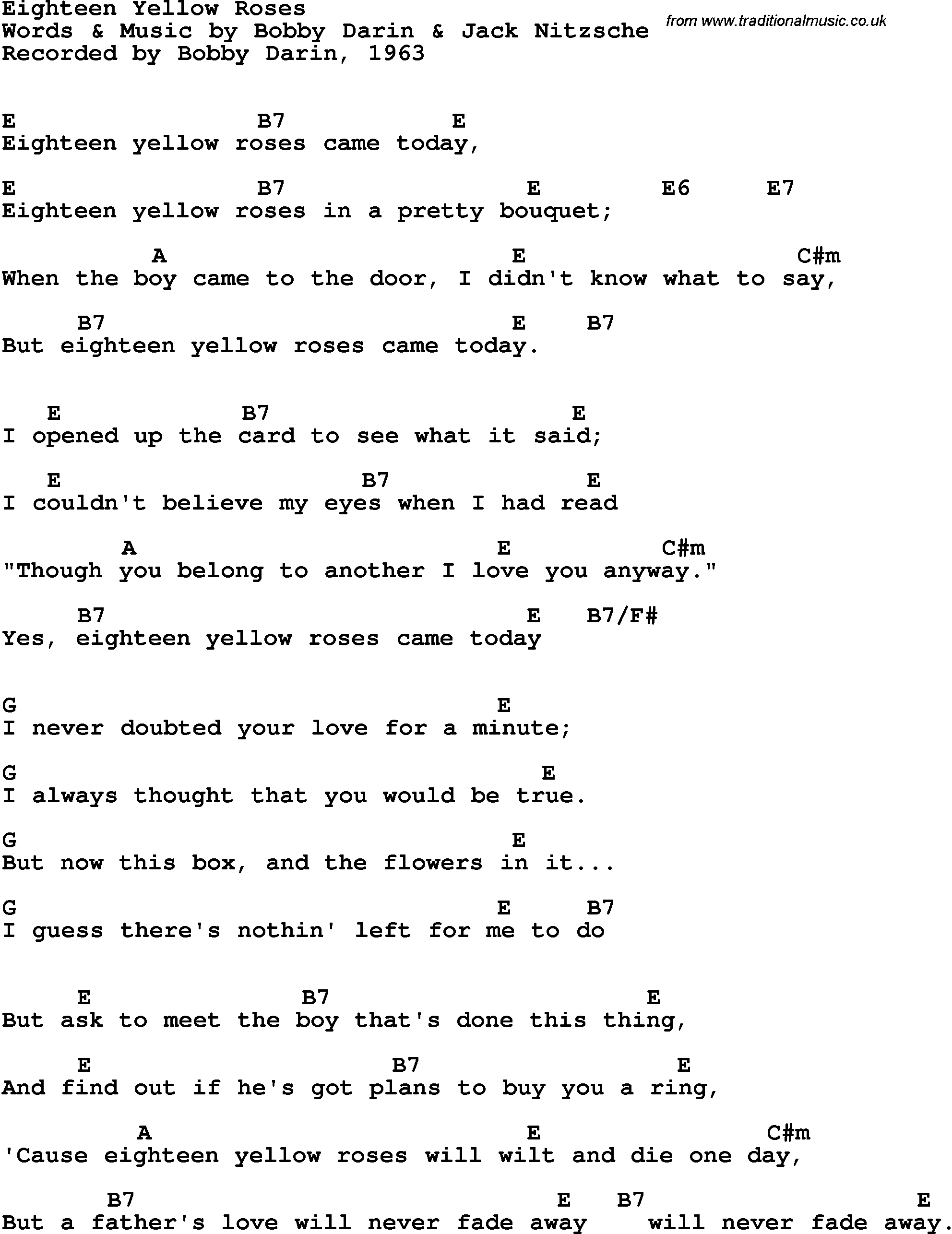 Song Lyrics with guitar chords for Eighteen Yellow Roses - Bobby Darin, 1963